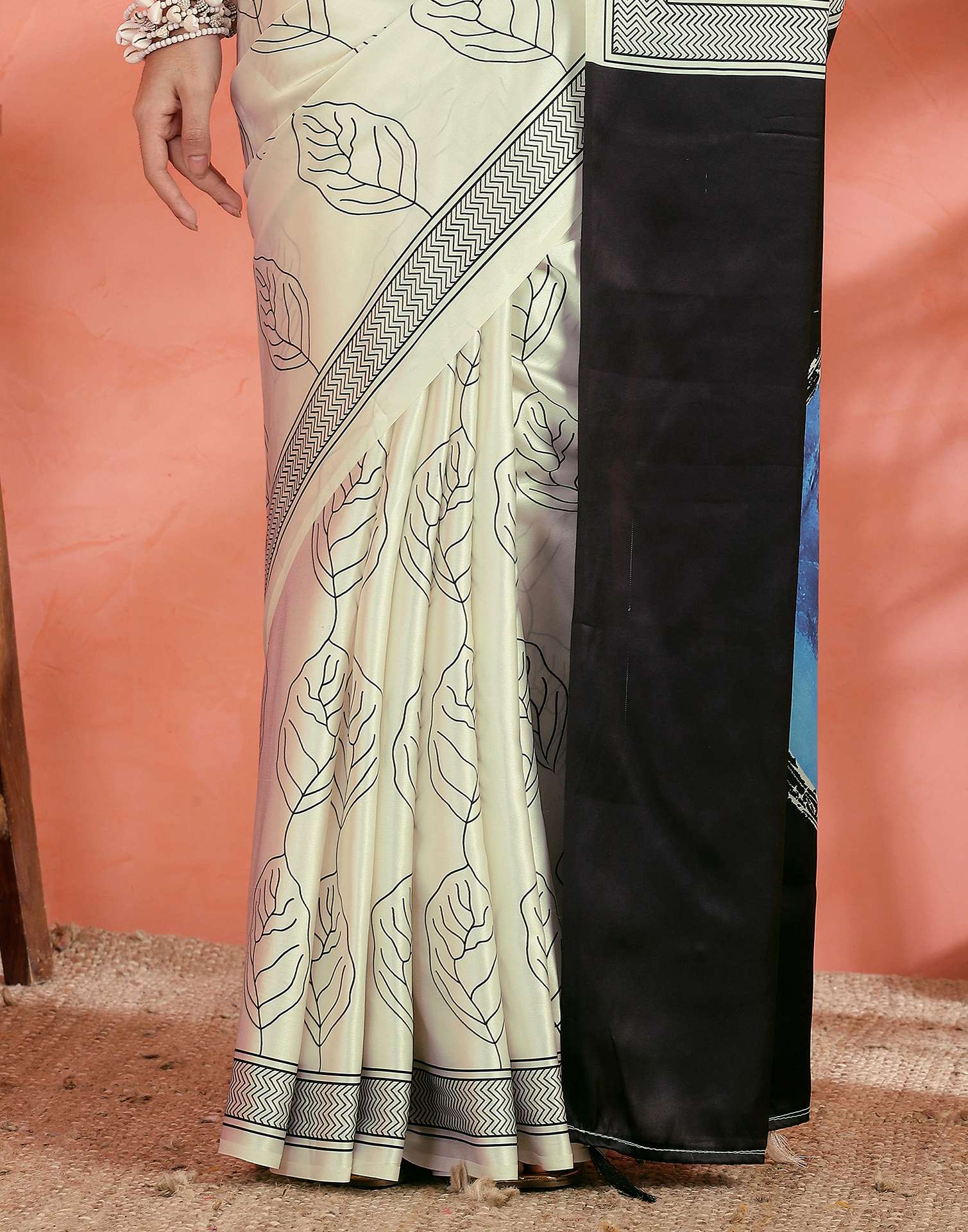Off White Satin Printed Saree