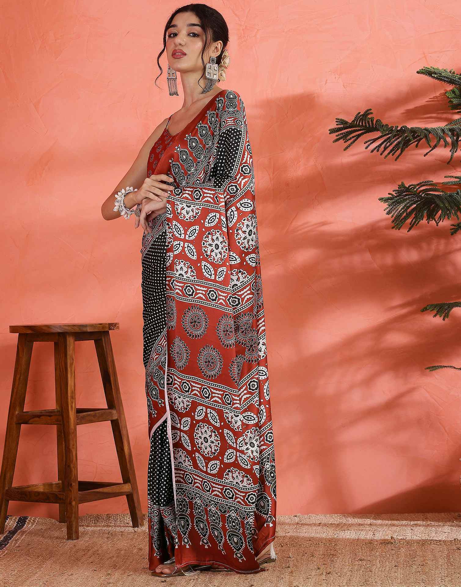Black Satin Printed Saree