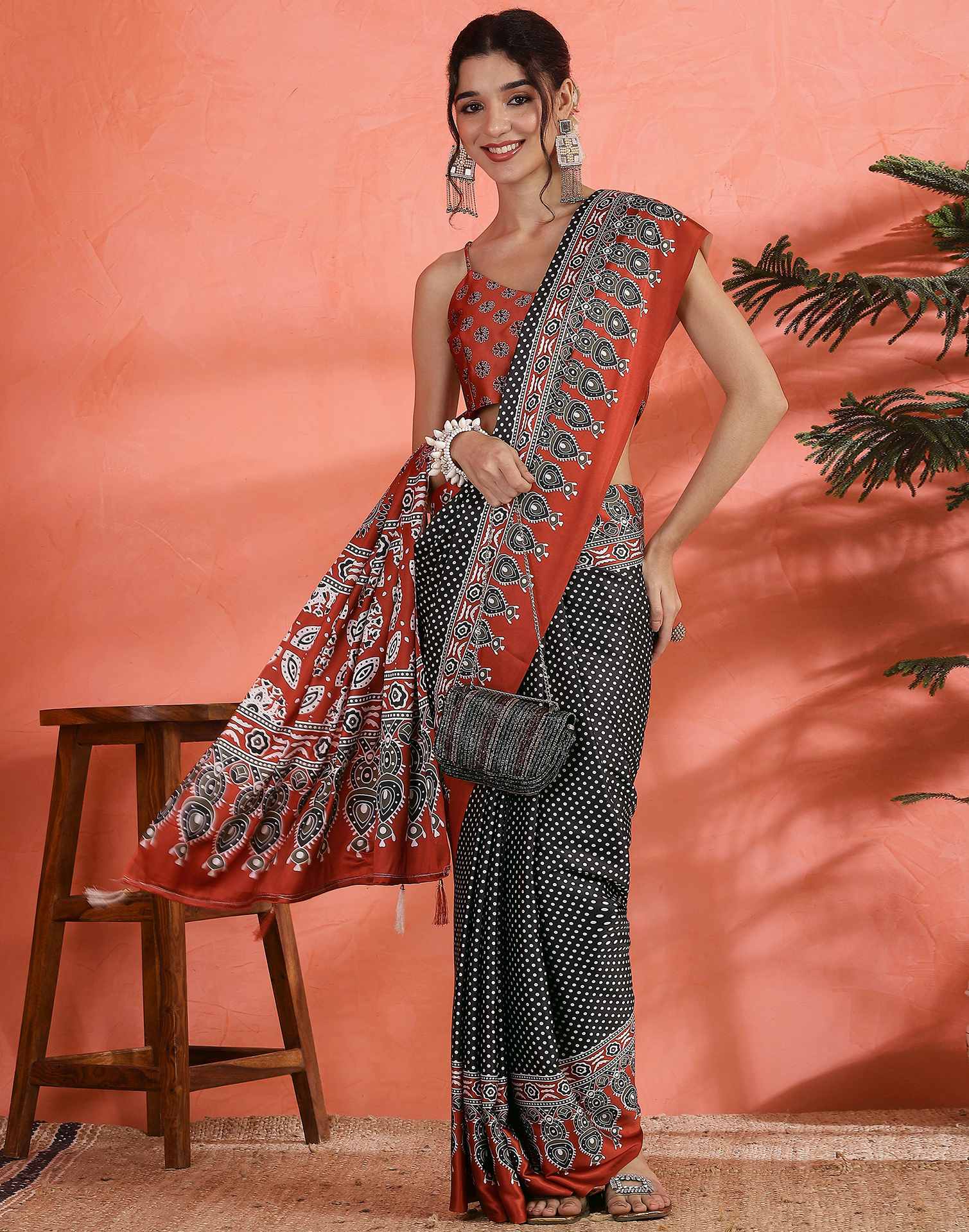 Black Satin Printed Saree