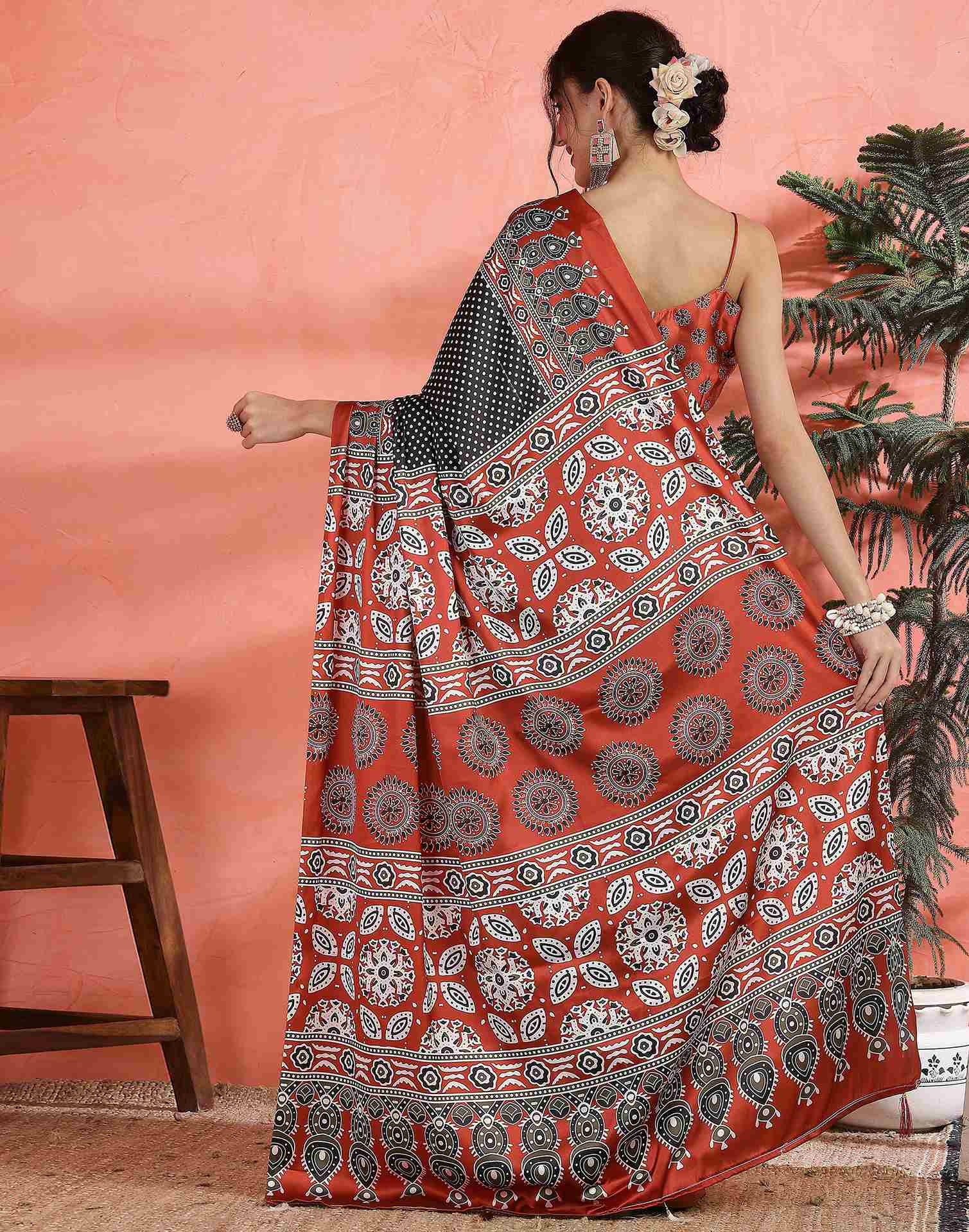 Black Satin Printed Saree