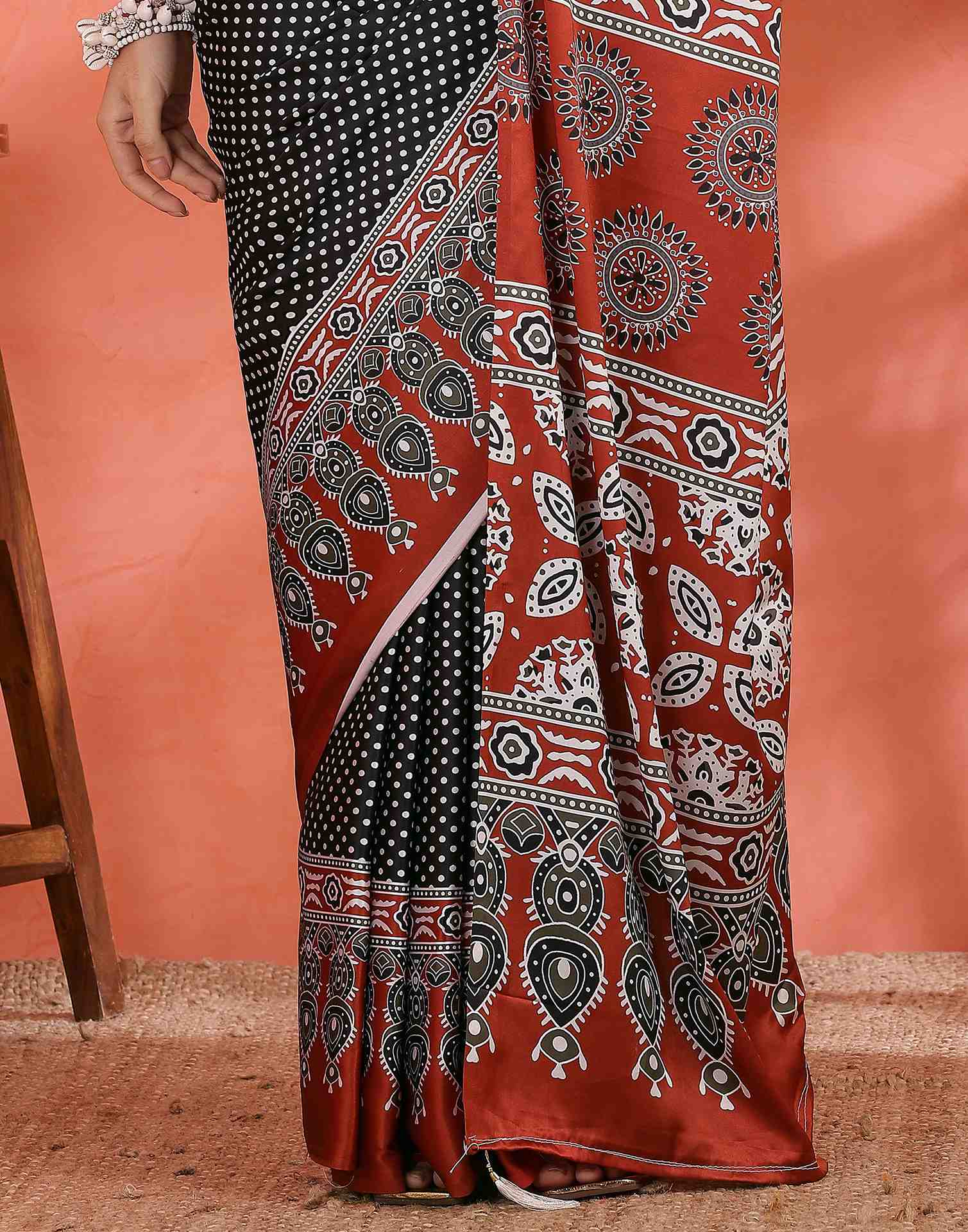 Black Satin Printed Saree