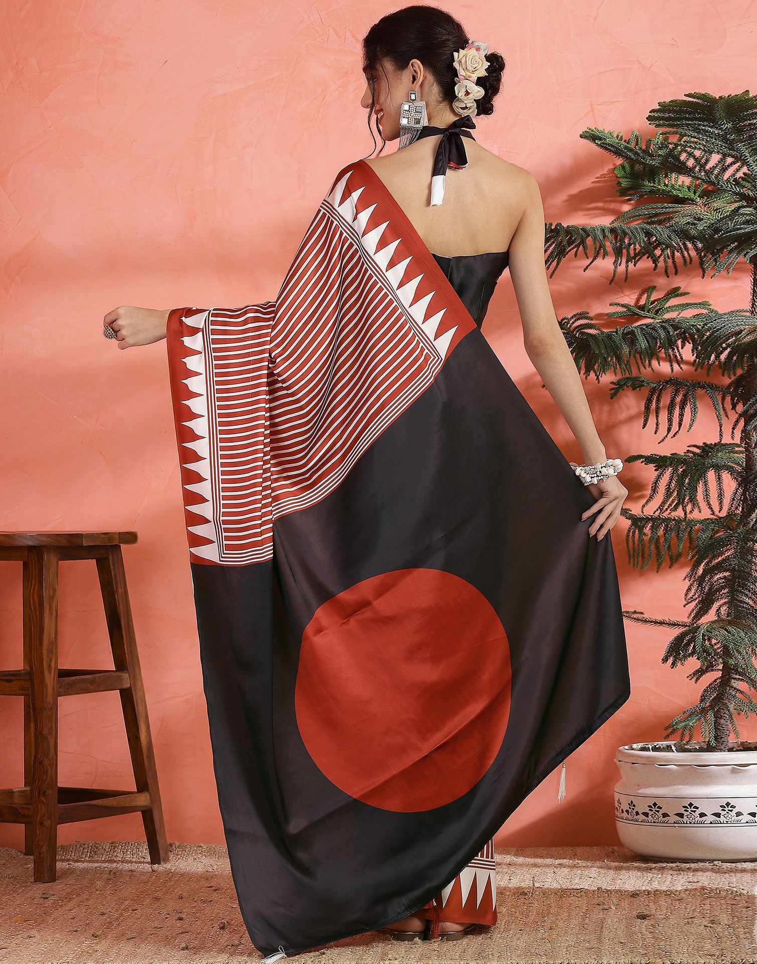 Brown Satin Printed Saree