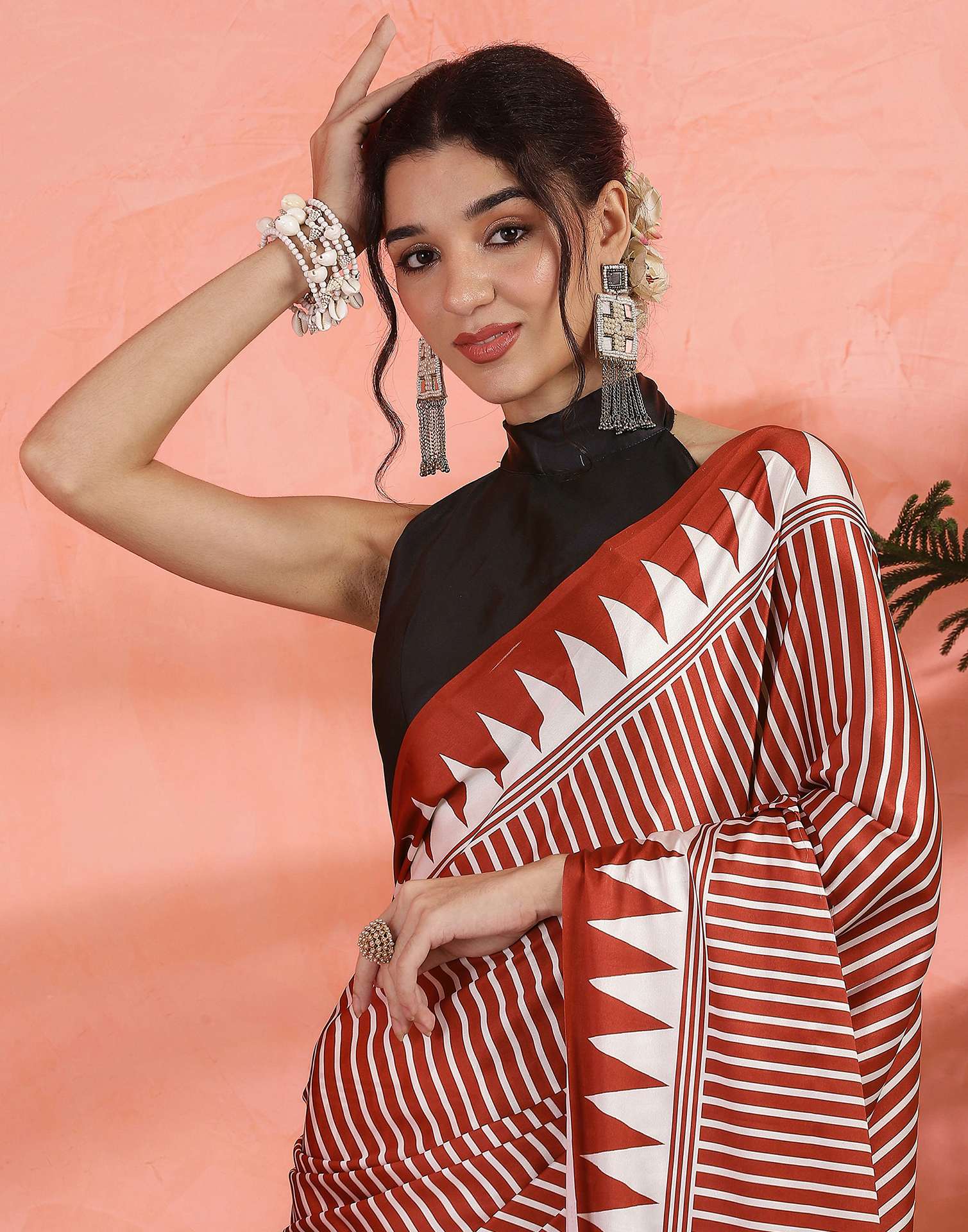 Brown Satin Printed Saree