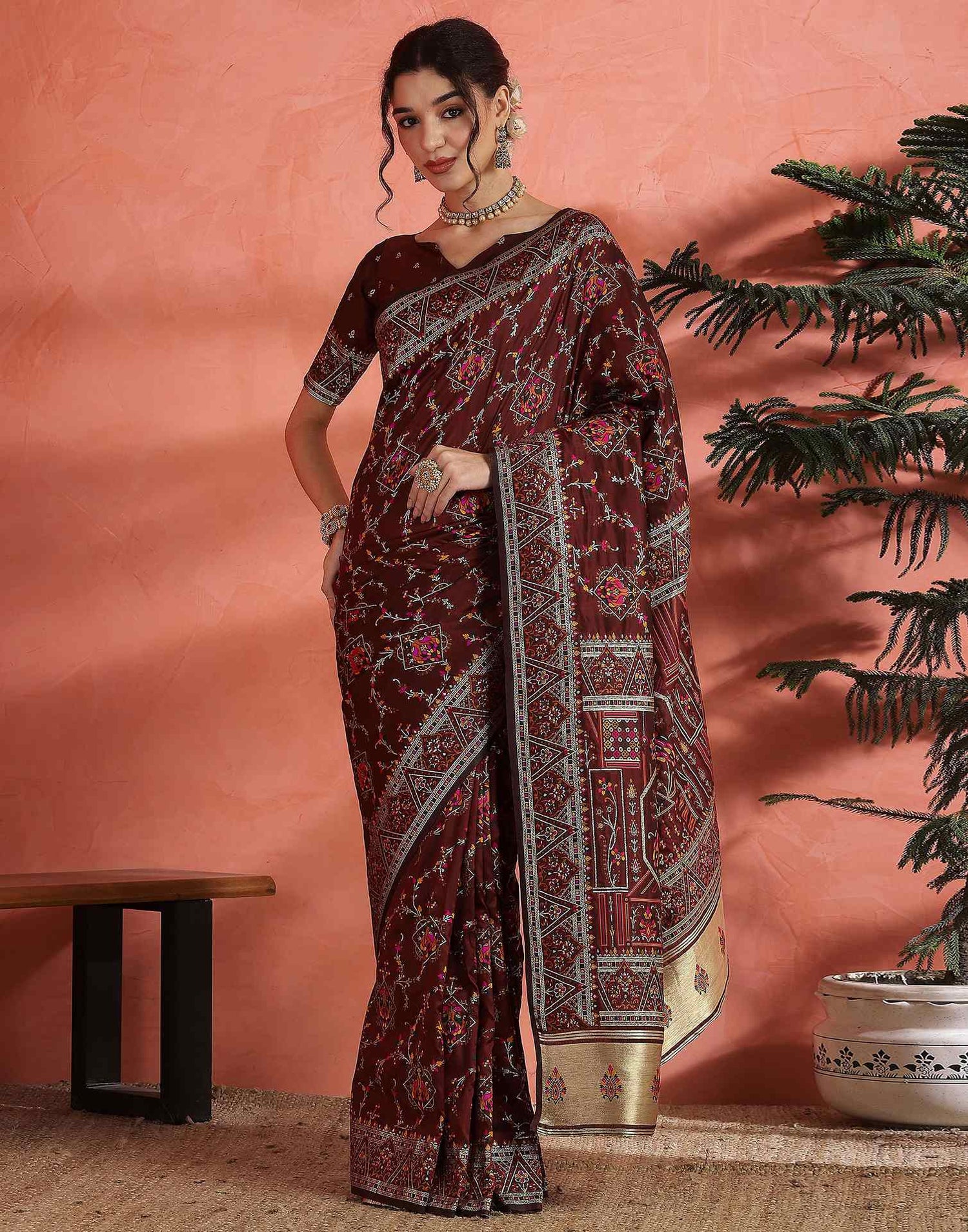 Maroon Silk Woven Saree