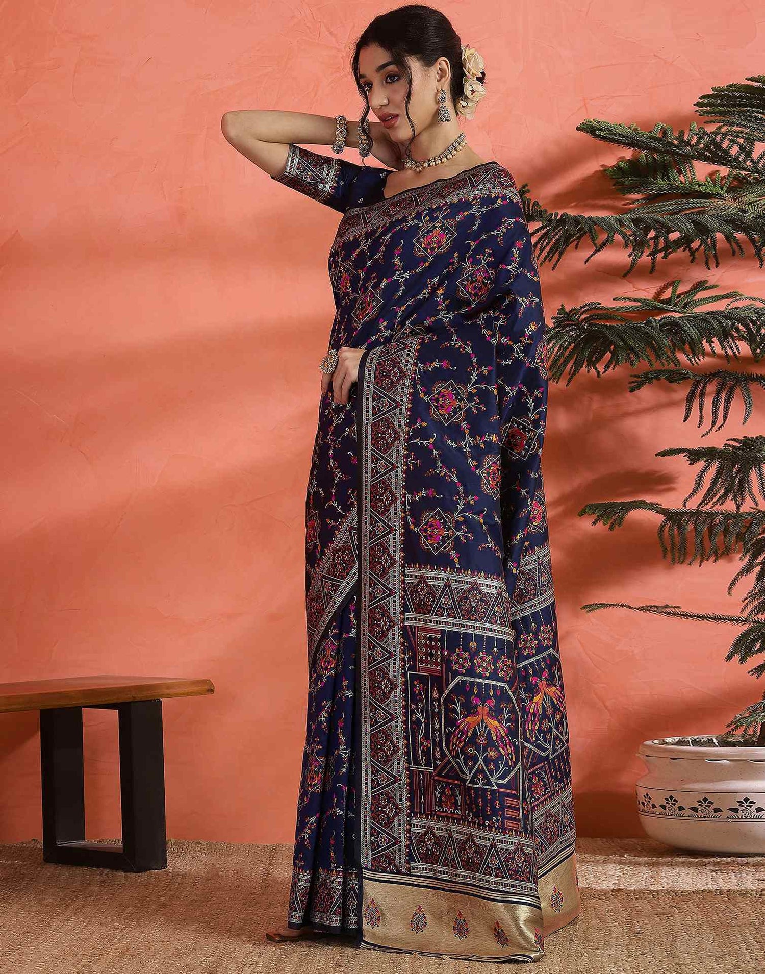 Navy Blue Silk Woven Saree