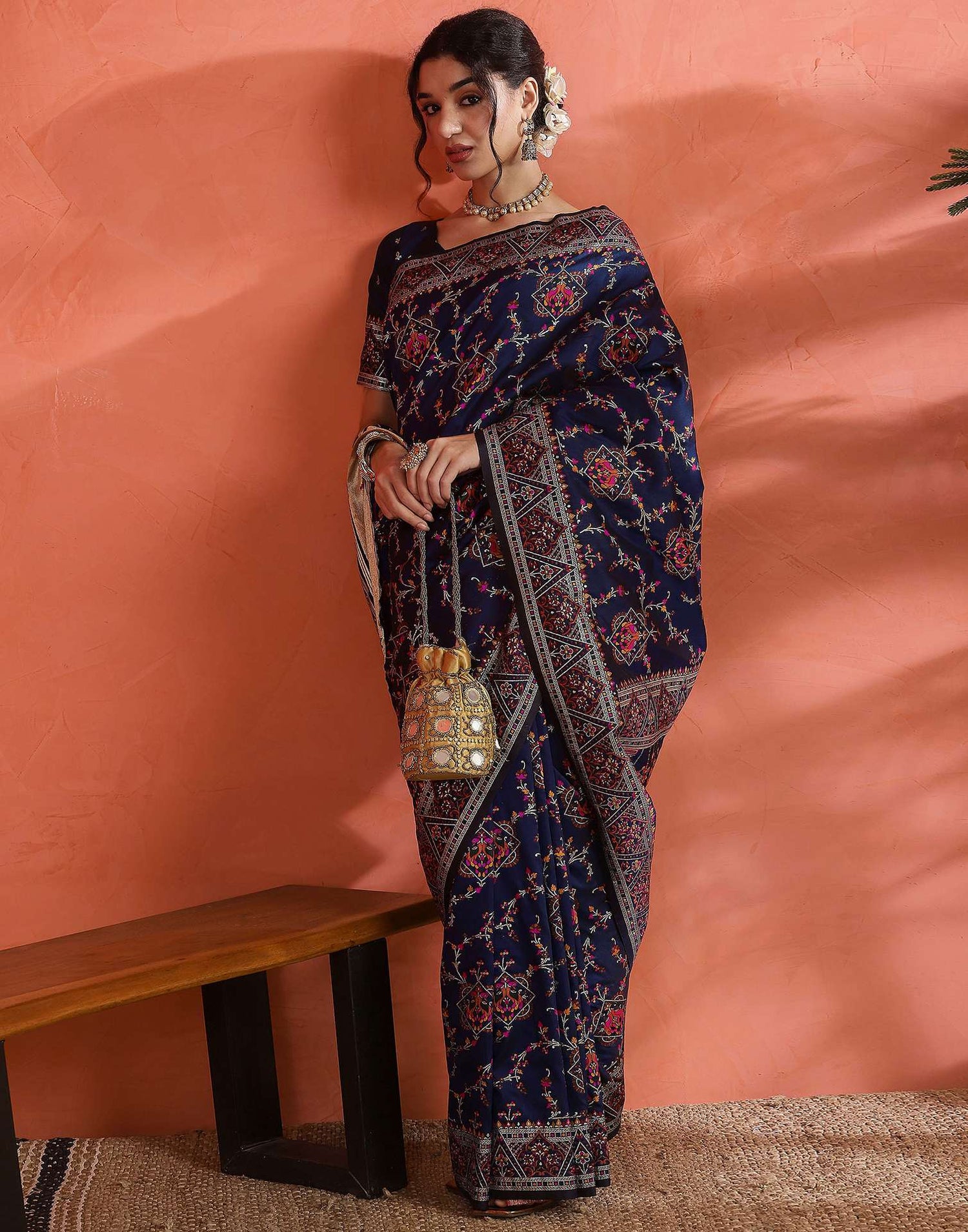 Navy Blue Silk Woven Saree