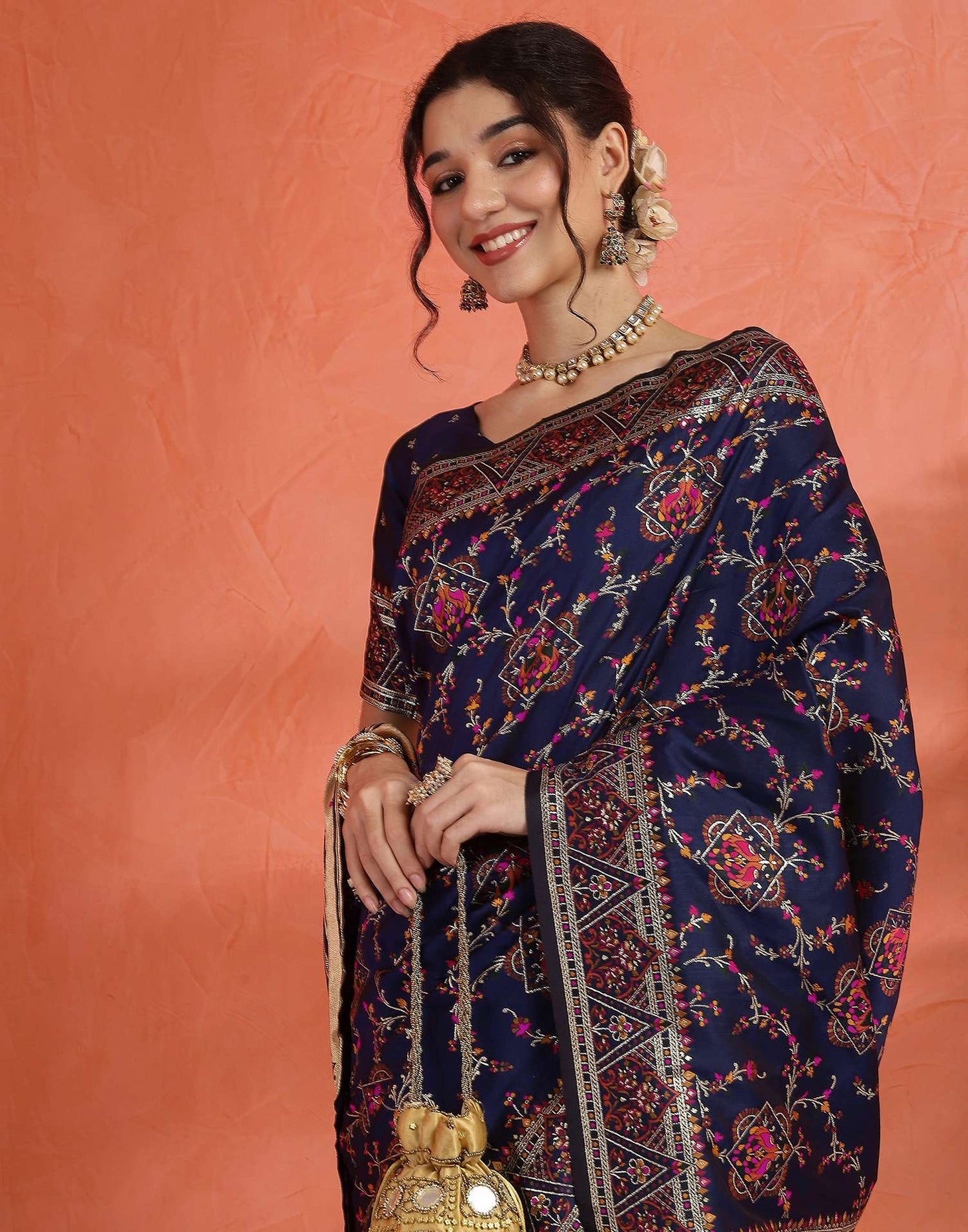 Navy Blue Silk Woven Saree