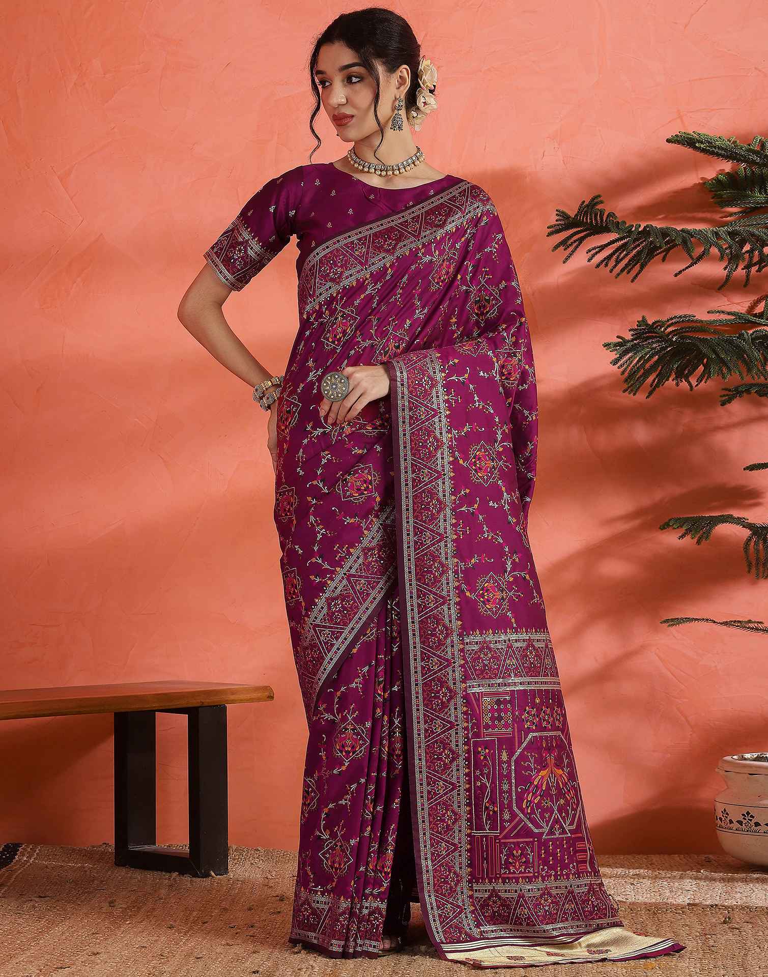Dark Rani Pink Silk Woven Saree