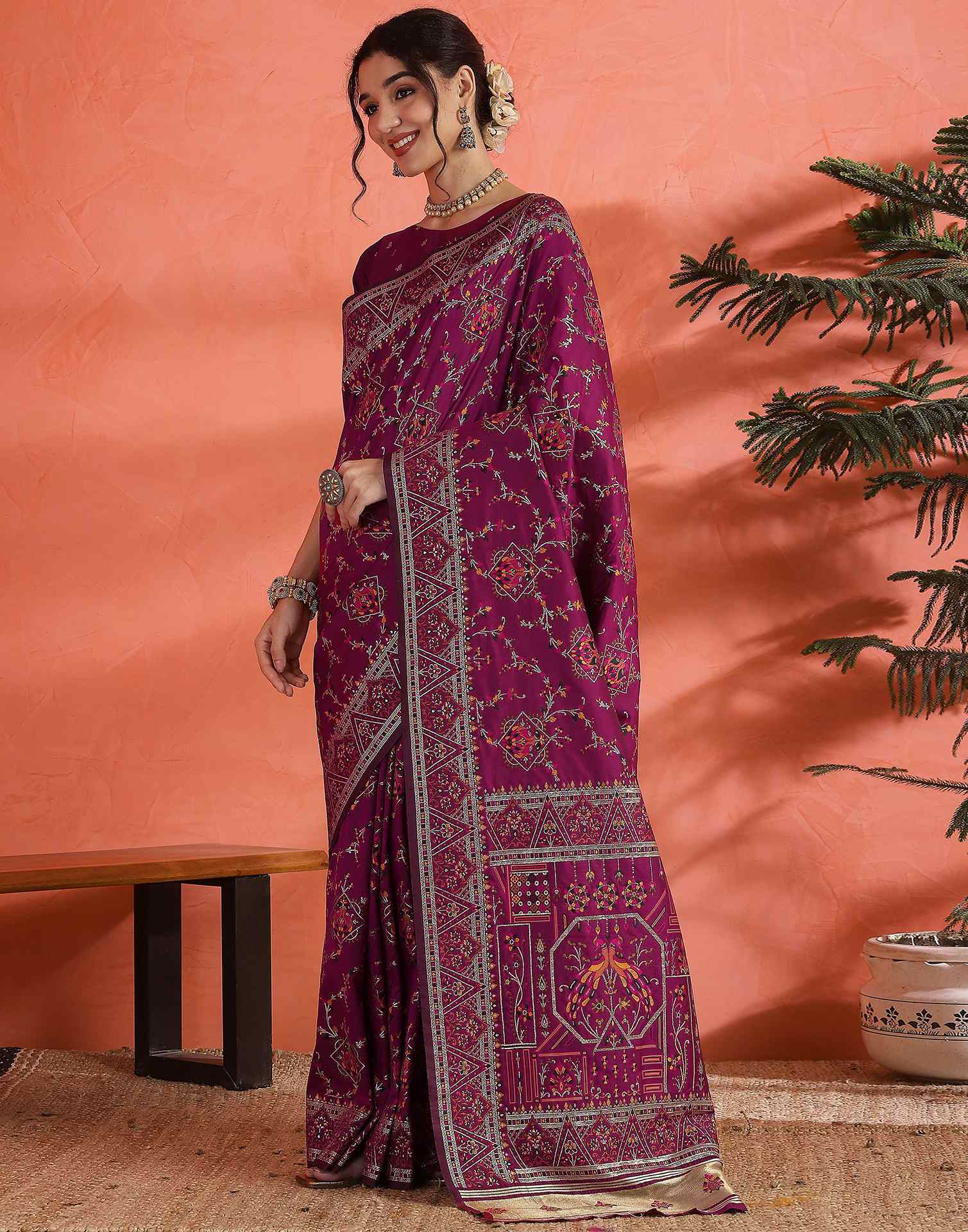 Dark Rani Pink Silk Woven Saree