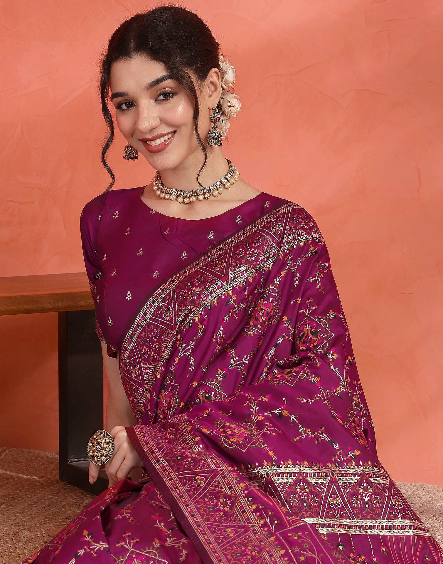 Dark Rani Pink Silk Woven Saree