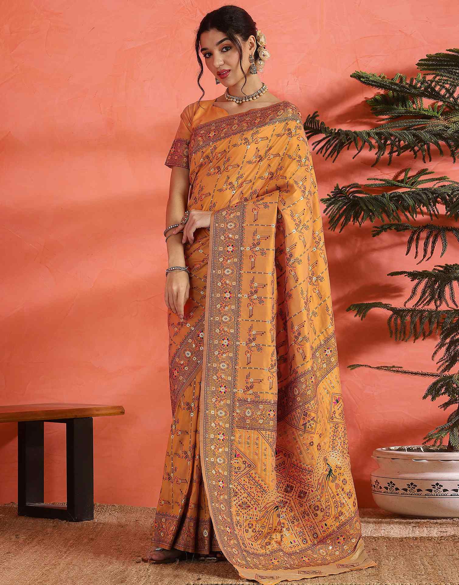Pastel Orange Silk Woven Saree