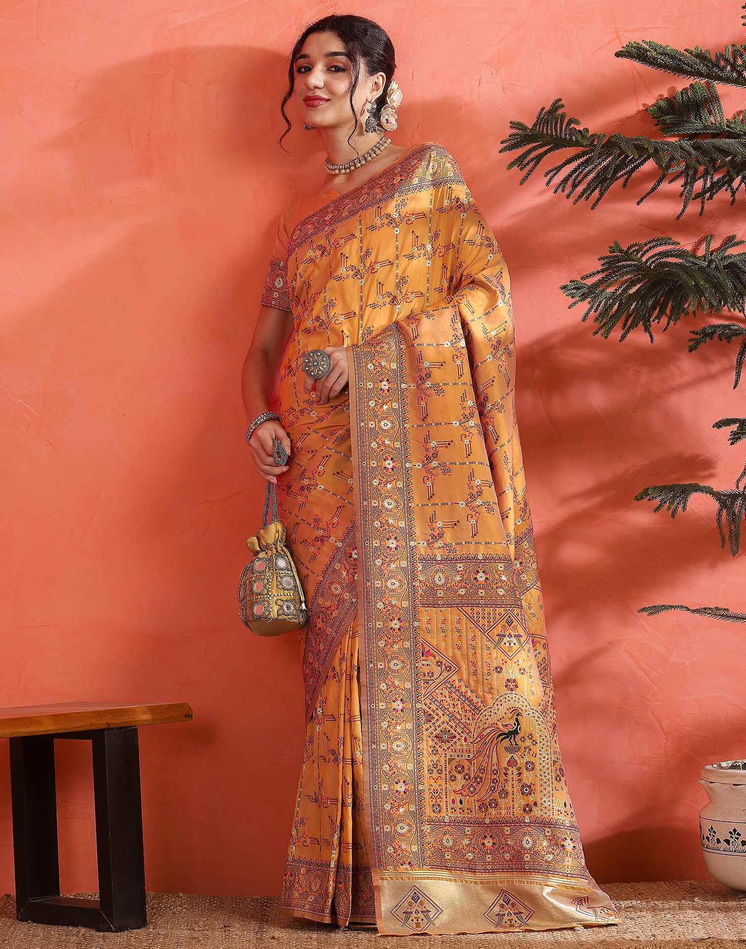 Pastel Orange Silk Woven Saree