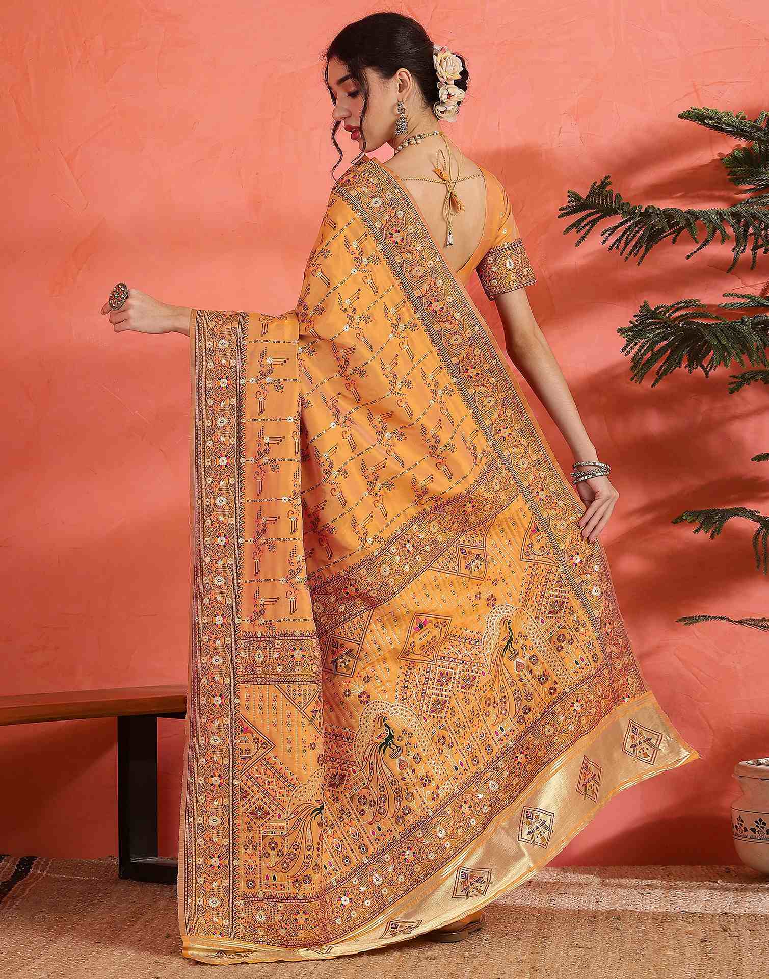 Pastel Orange Silk Woven Saree