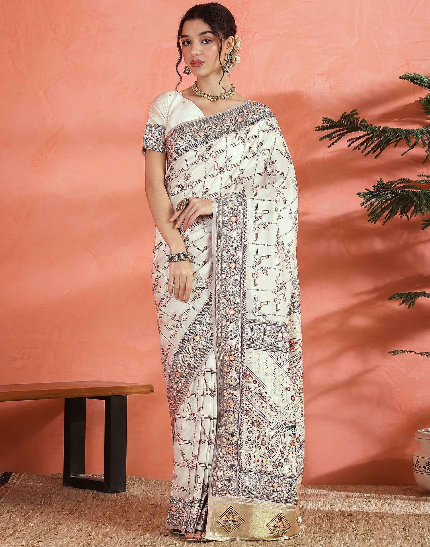 Off White Silk Woven Saree