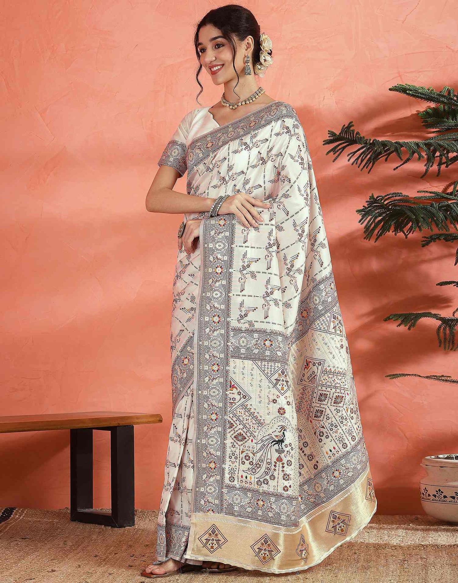 Off White Silk Woven Saree