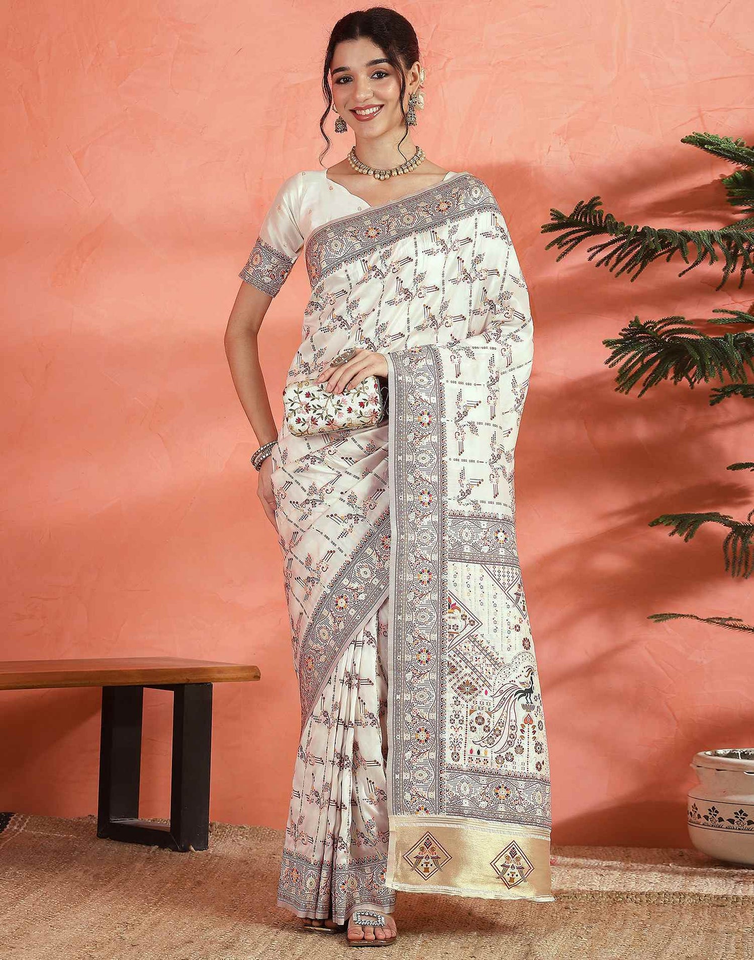 Off White Silk Woven Saree