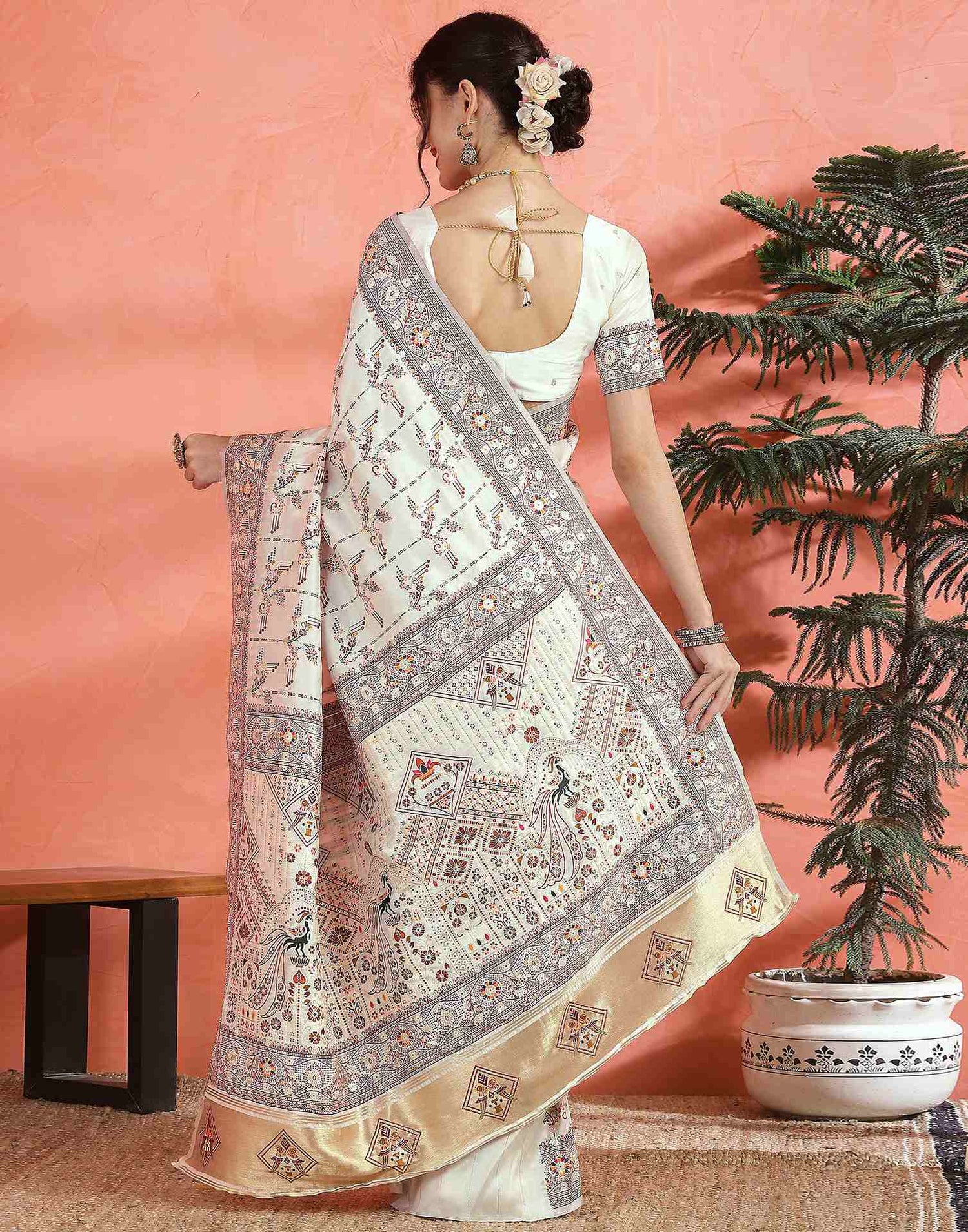 Off White Silk Woven Saree