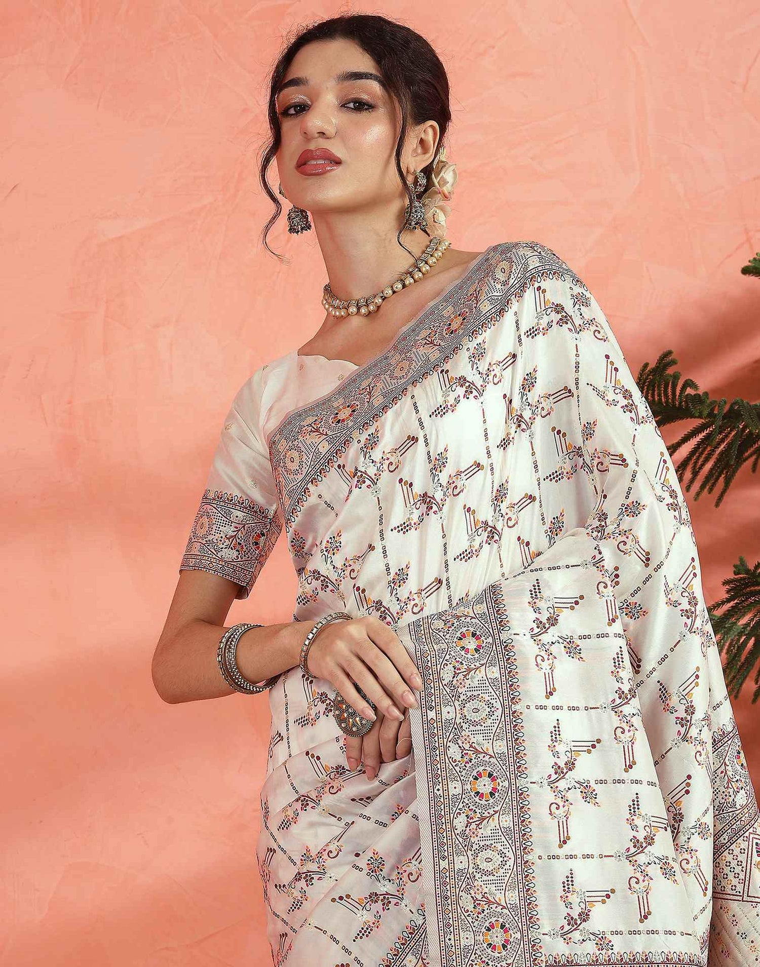 Off White Silk Woven Saree