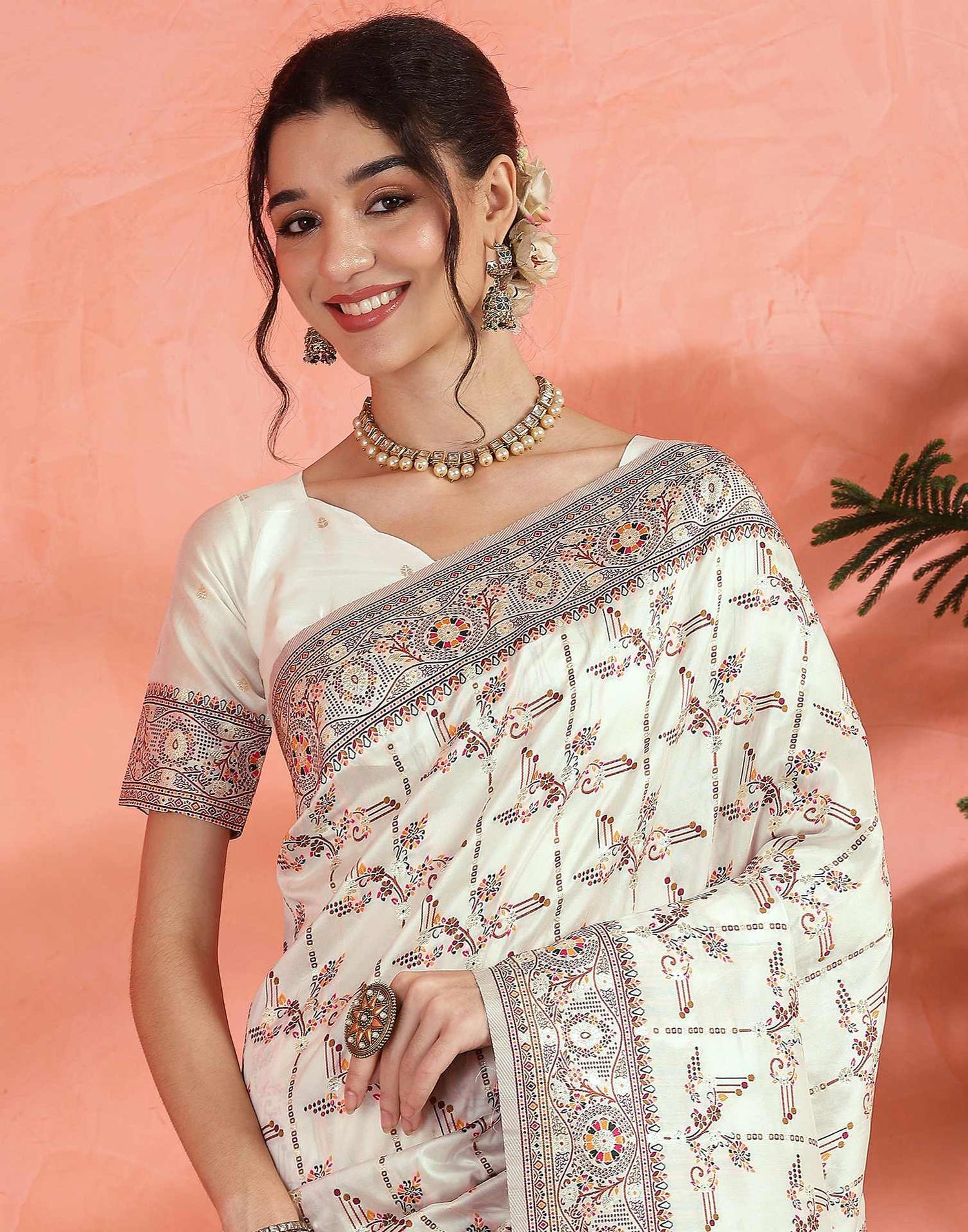 Off White Silk Woven Saree