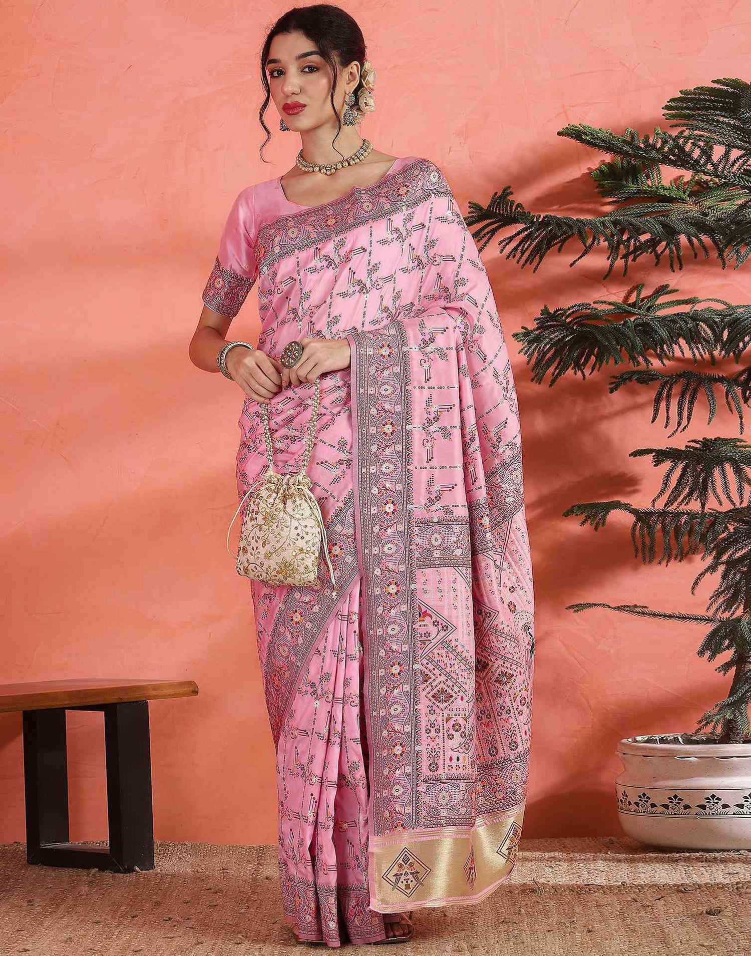 Pink Silk Woven Saree