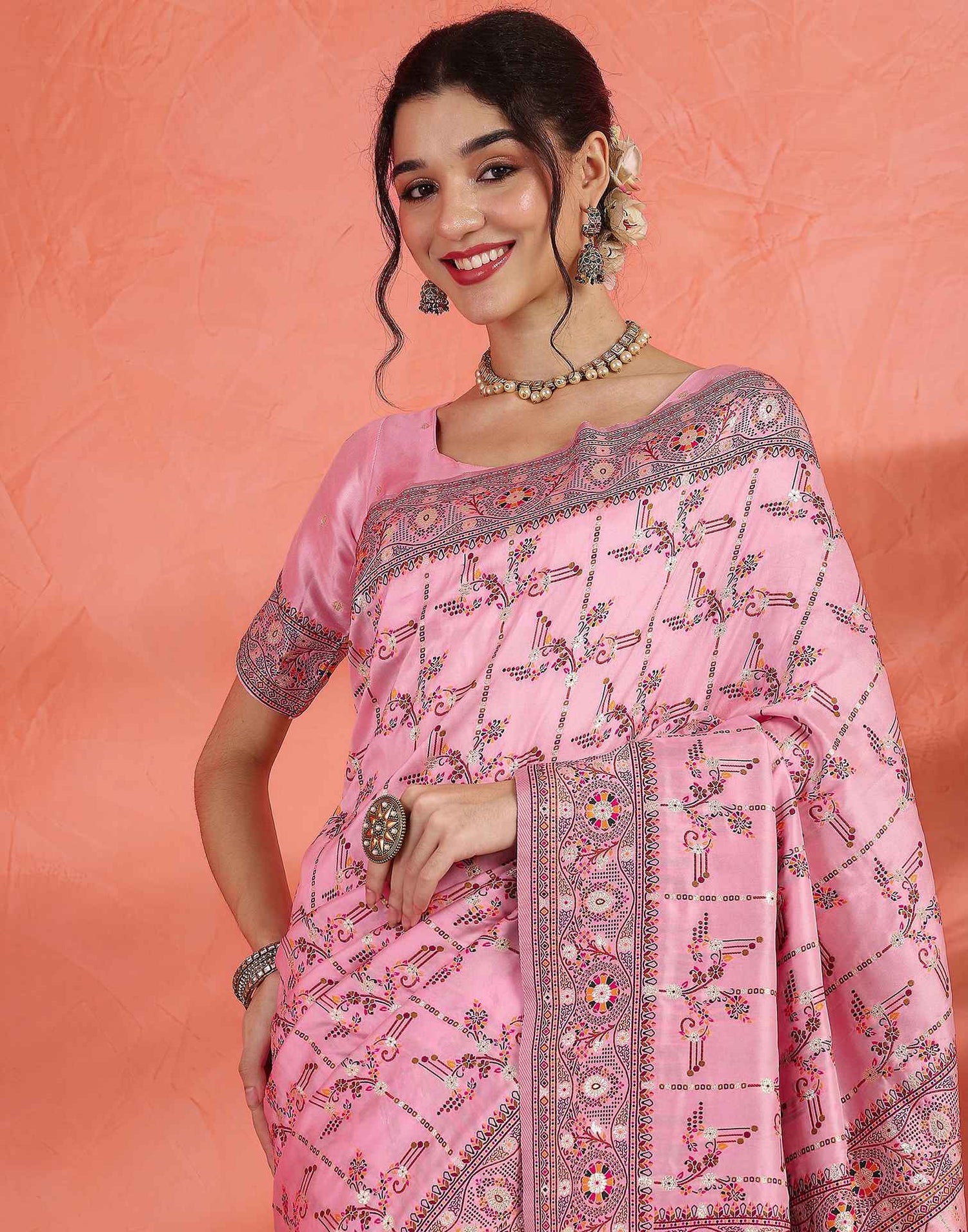 Pink Silk Woven Saree