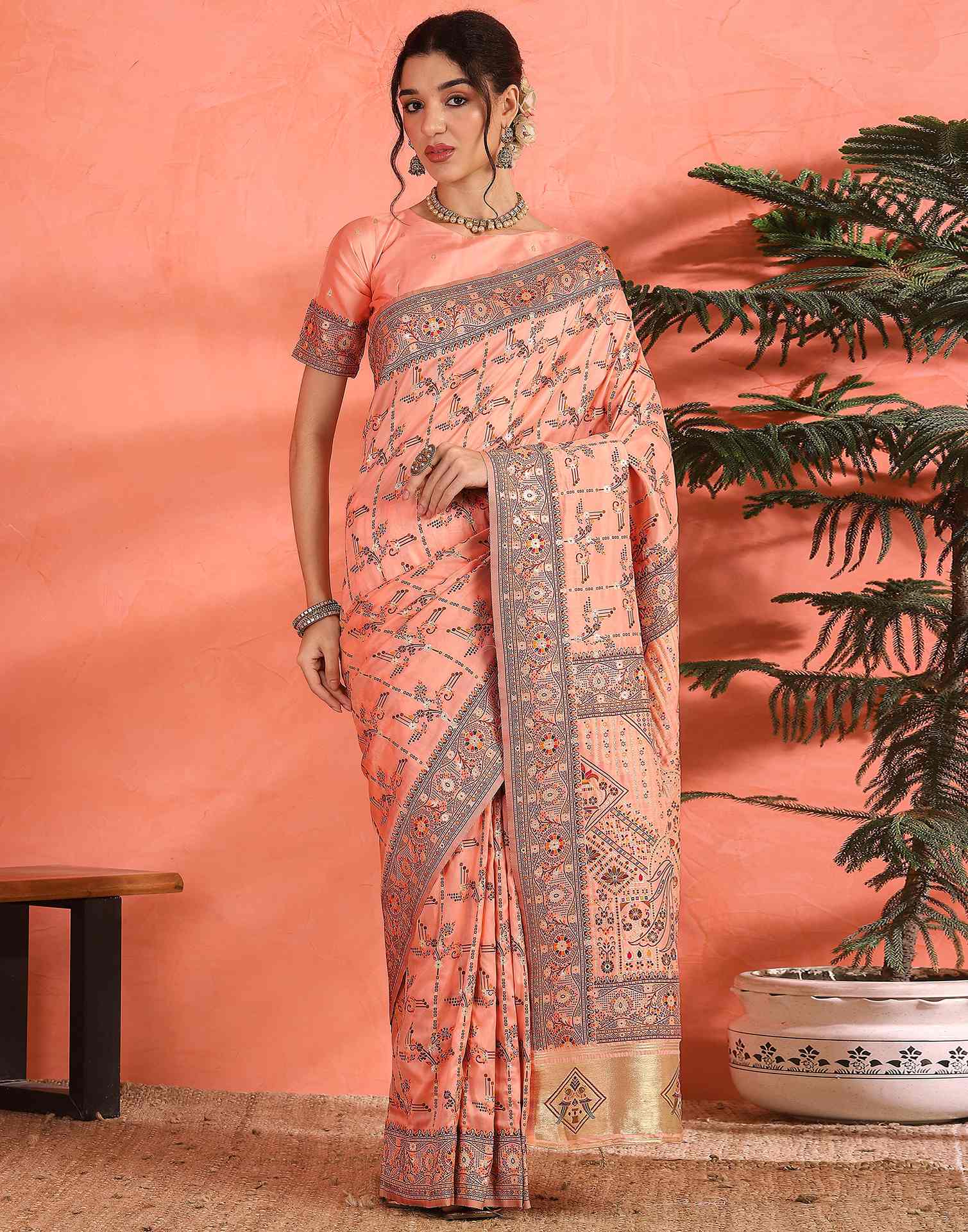 Peach Silk Woven Saree