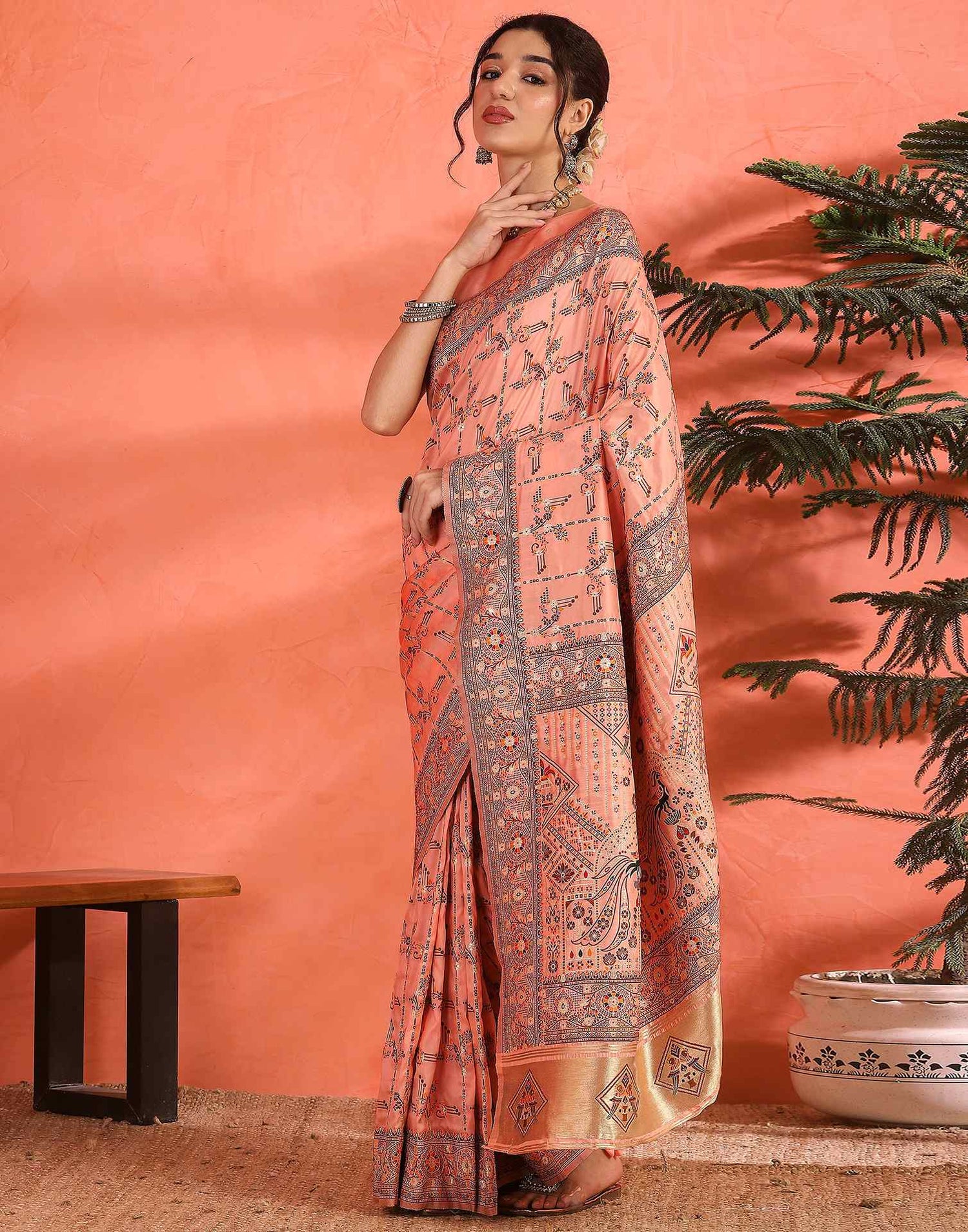 Peach Silk Woven Saree
