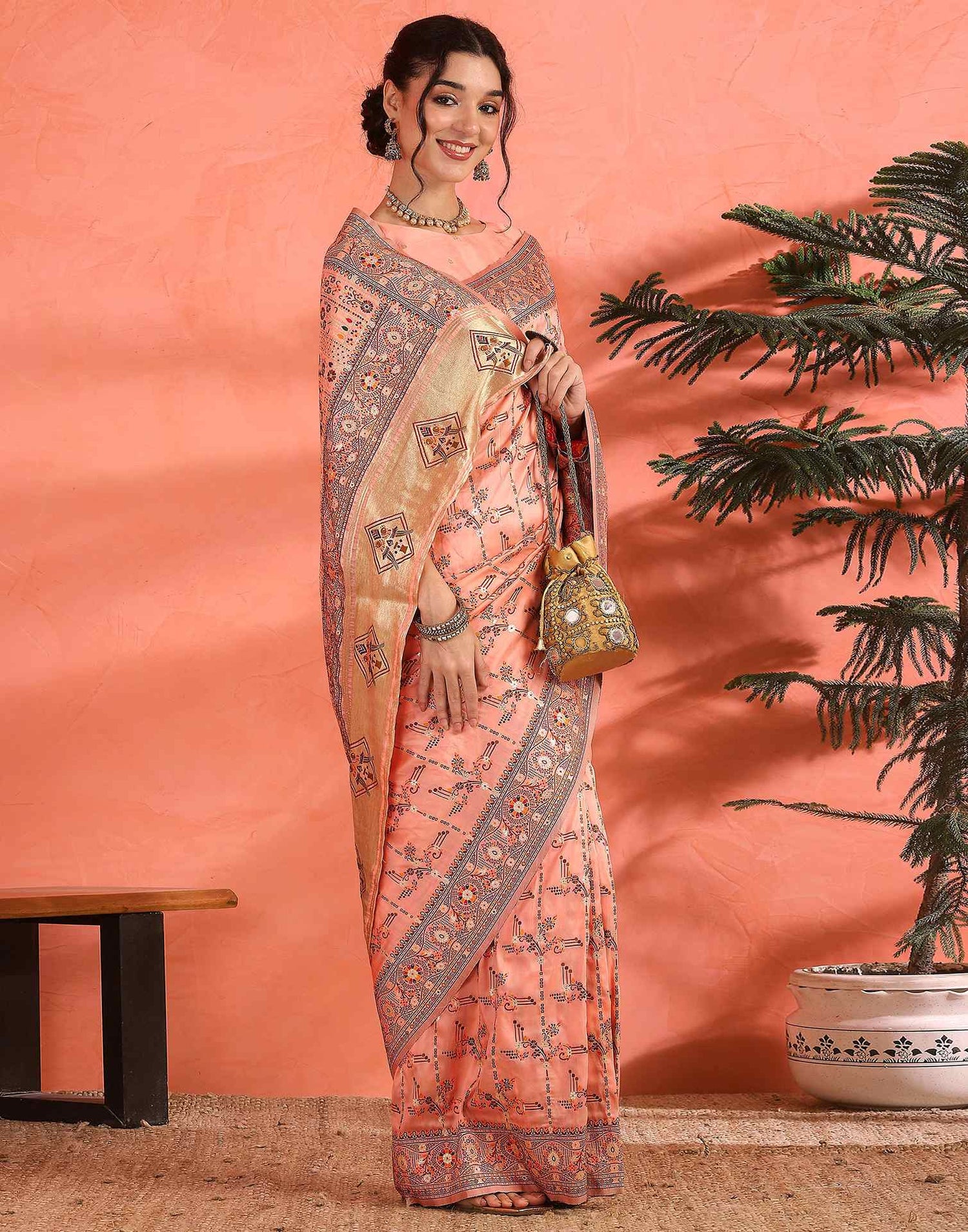 Peach Silk Woven Saree