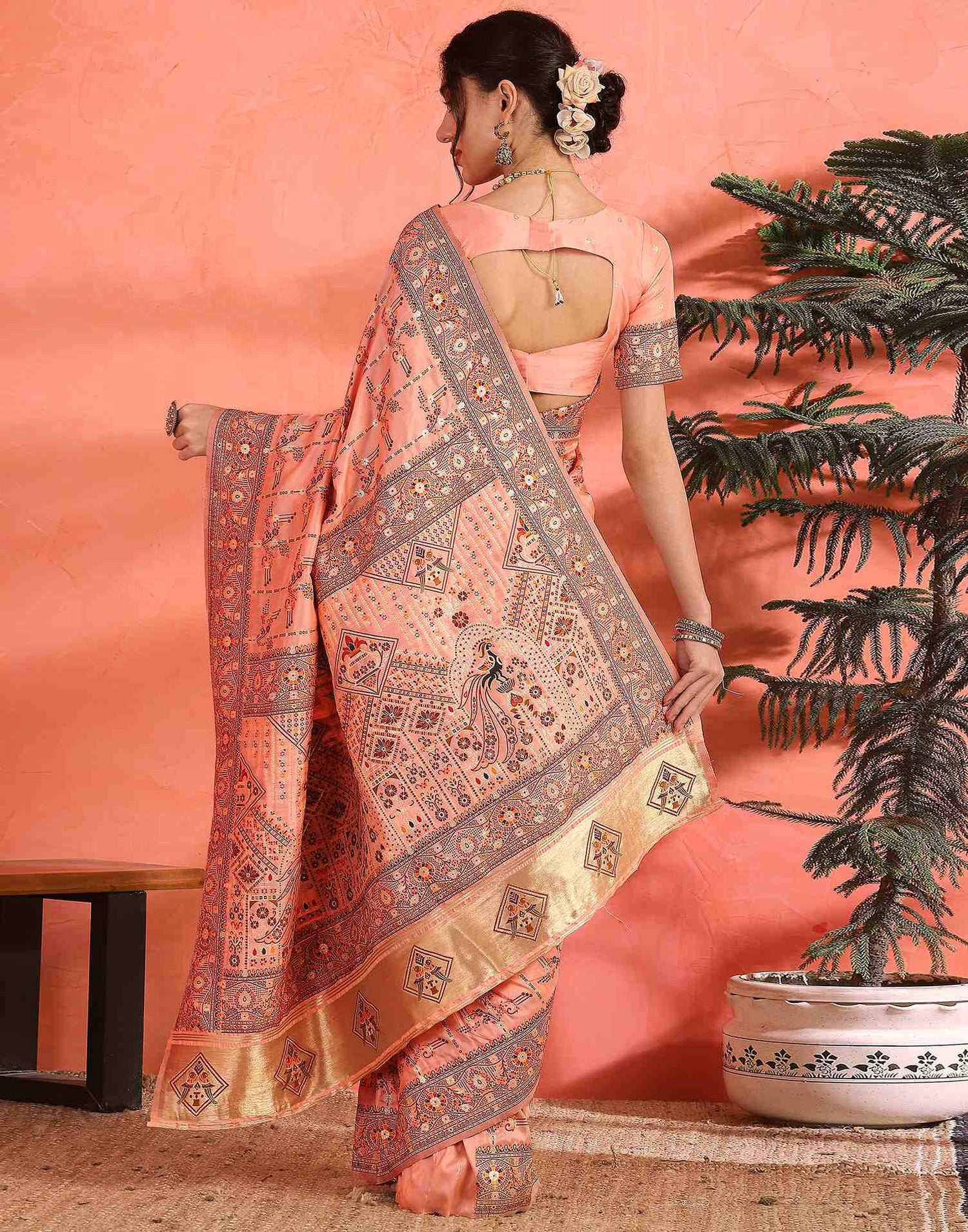 Peach Silk Woven Saree