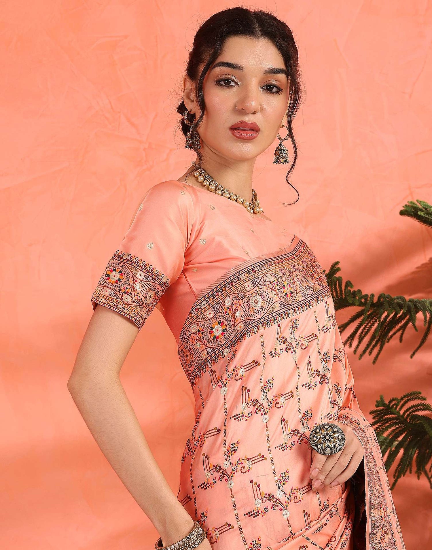 Peach Silk Woven Saree