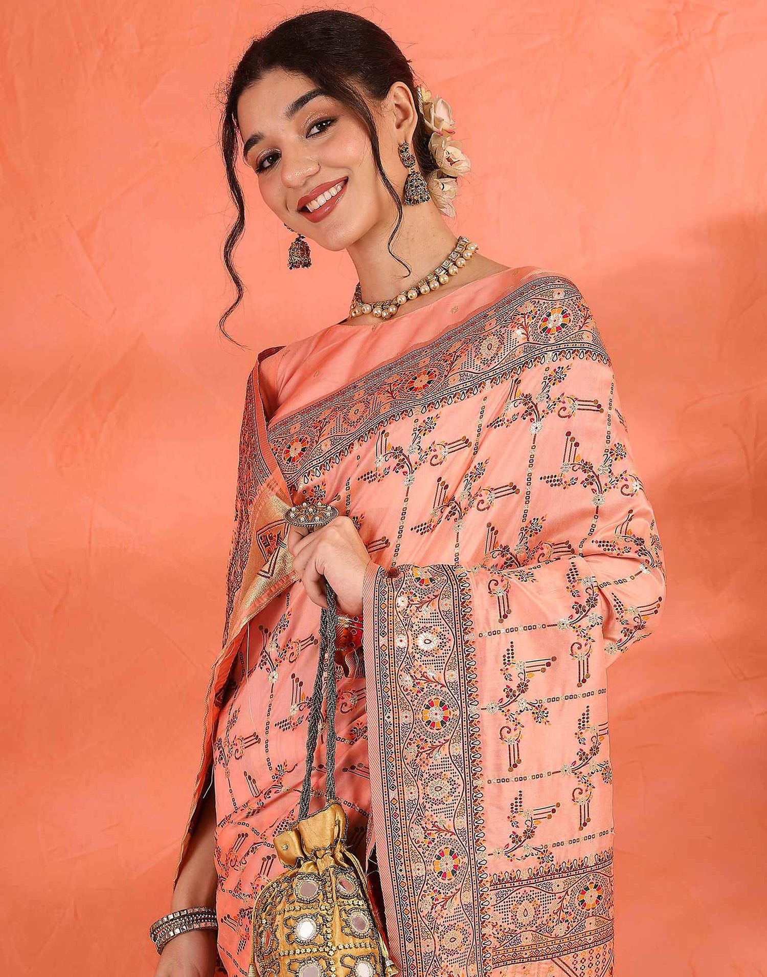 Peach Silk Woven Saree