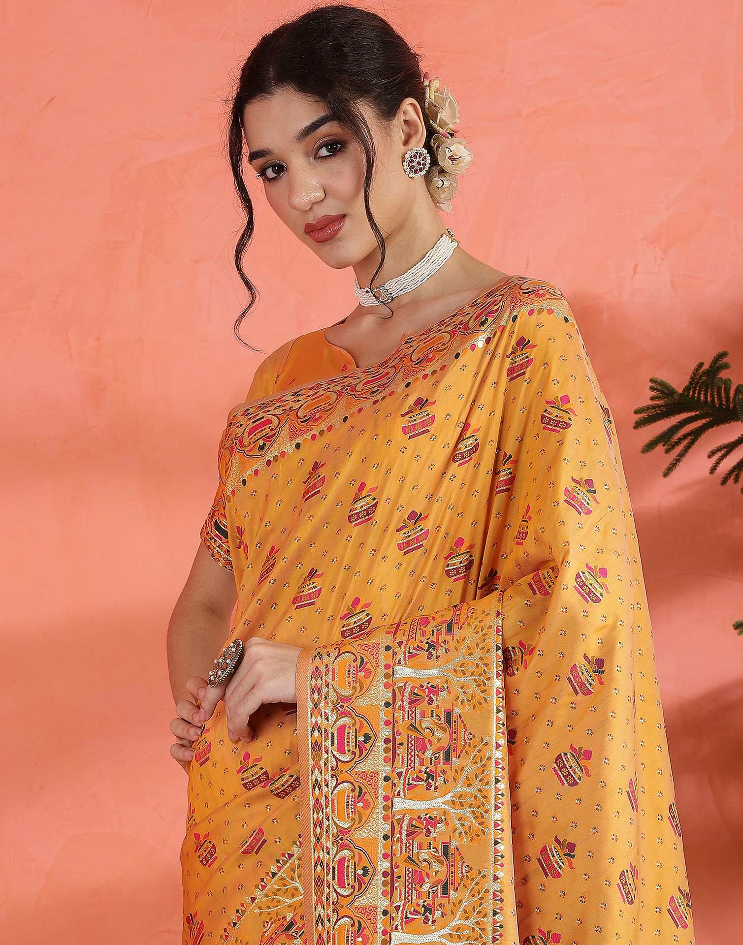 Pastel Orange Silk Woven Saree