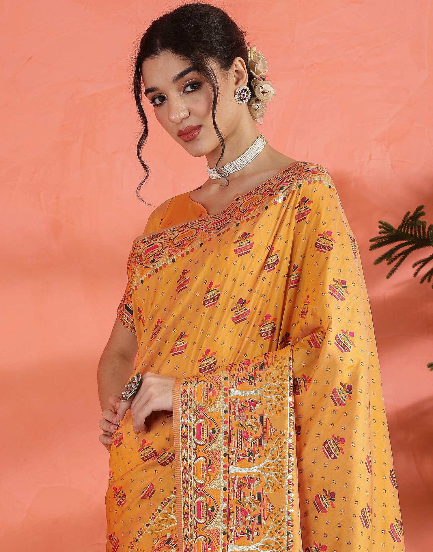 Pastel Orange Silk Woven Saree