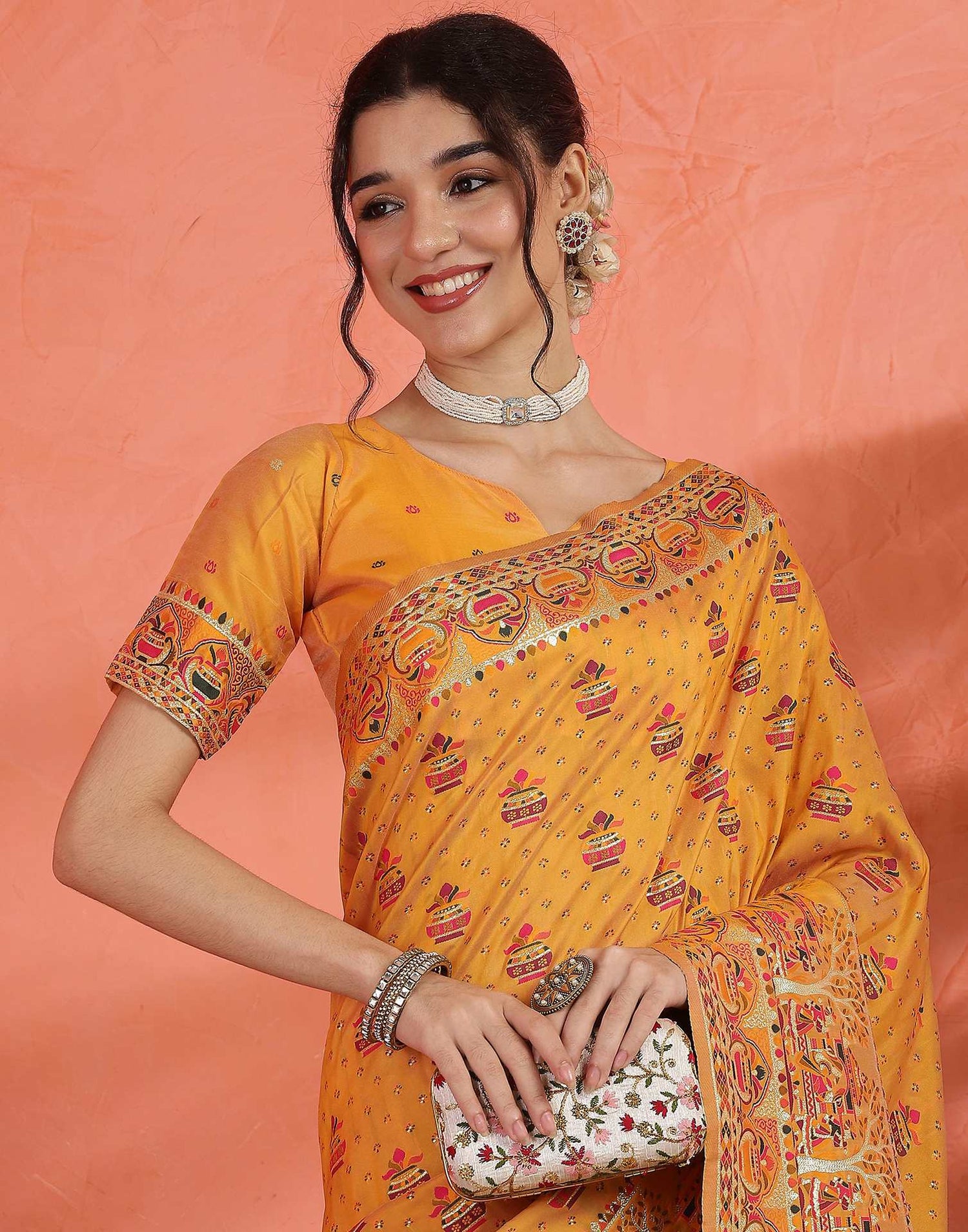 Pastel Orange Silk Woven Saree