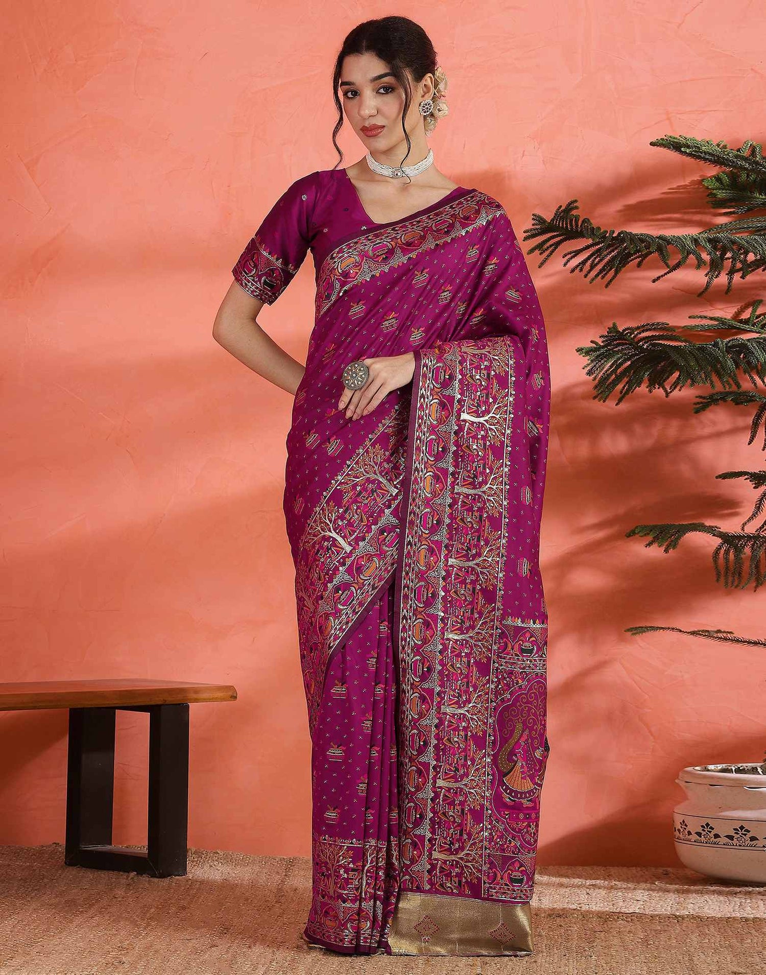 Dark Rani Pink Silk Woven Saree