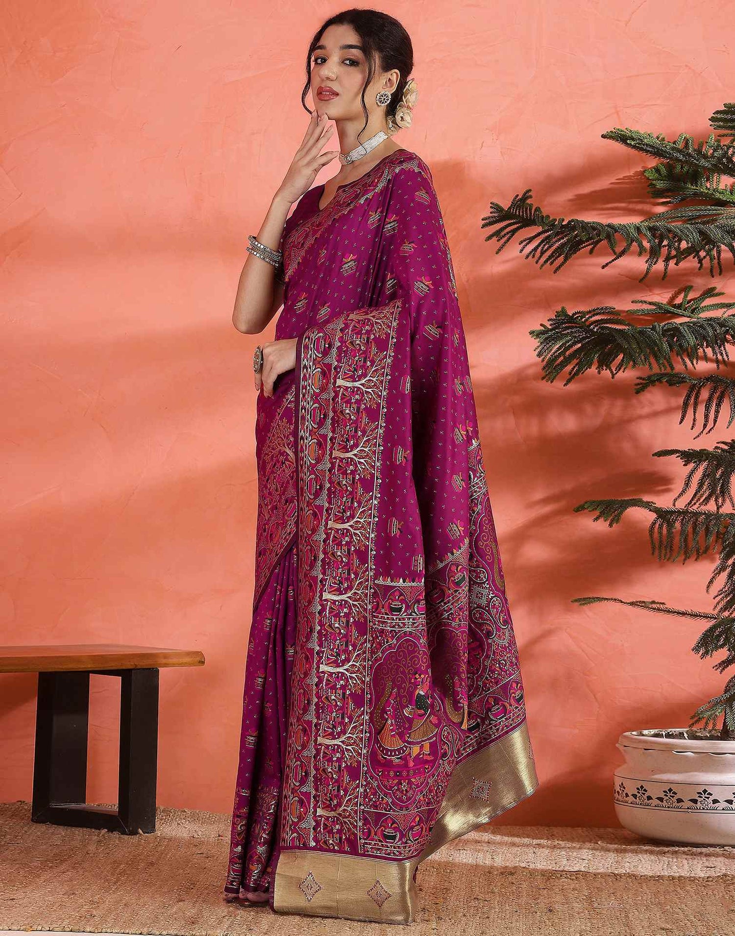 Dark Rani Pink Silk Woven Saree