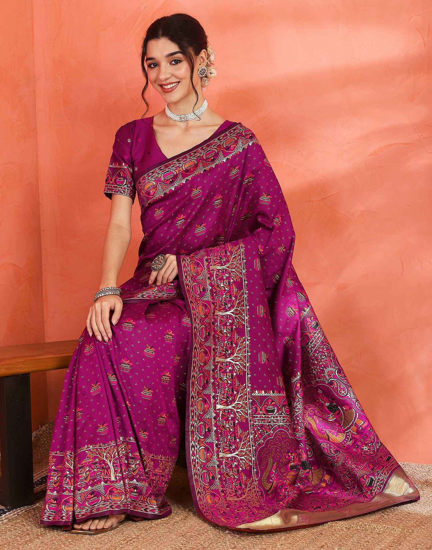 Dark Rani Pink Silk Woven Saree
