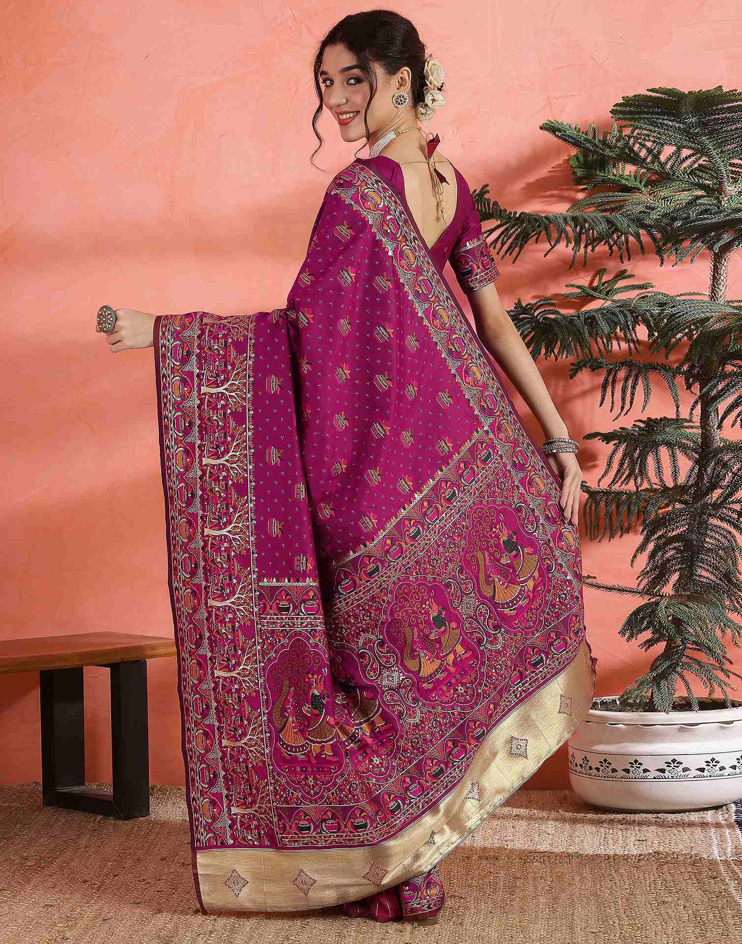 Dark Rani Pink Silk Woven Saree