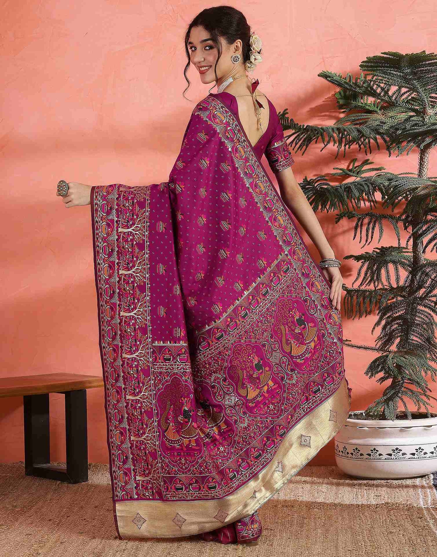 Dark Rani Pink Silk Woven Saree