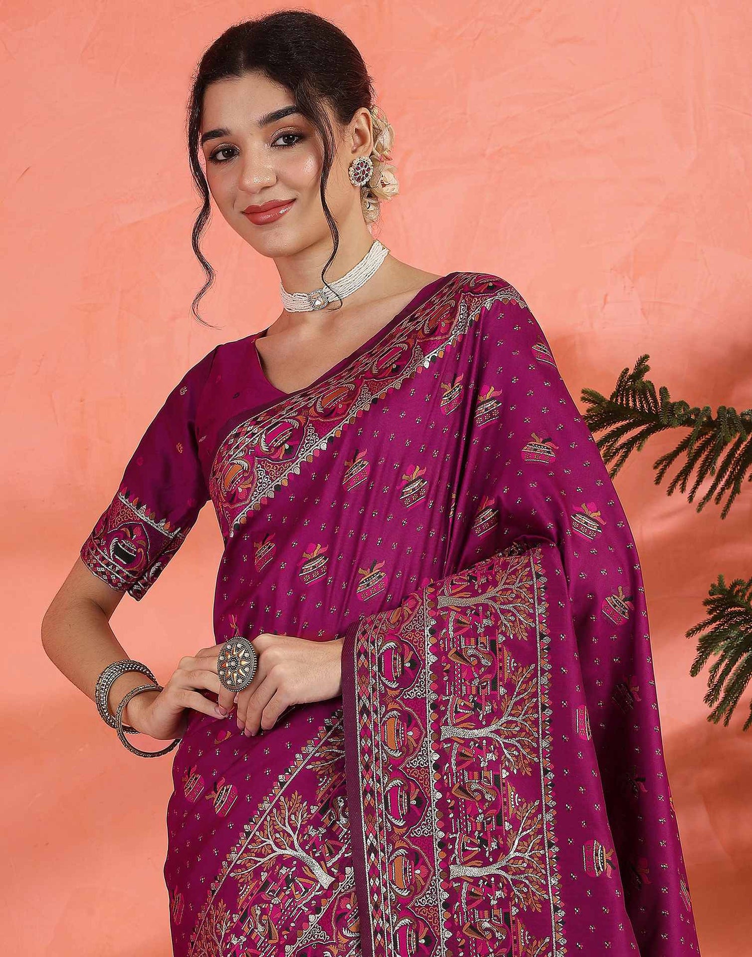 Dark Rani Pink Silk Woven Saree
