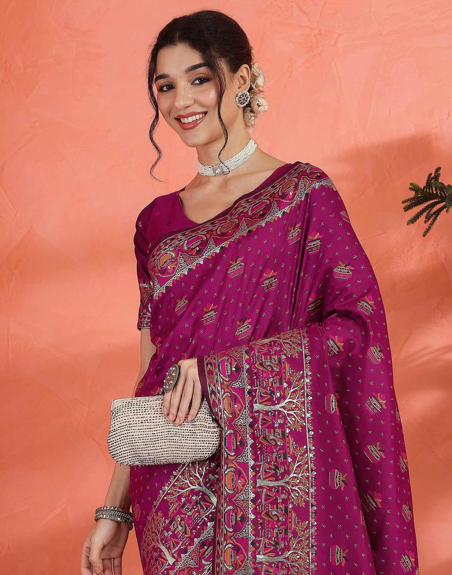 Dark Rani Pink Silk Woven Saree