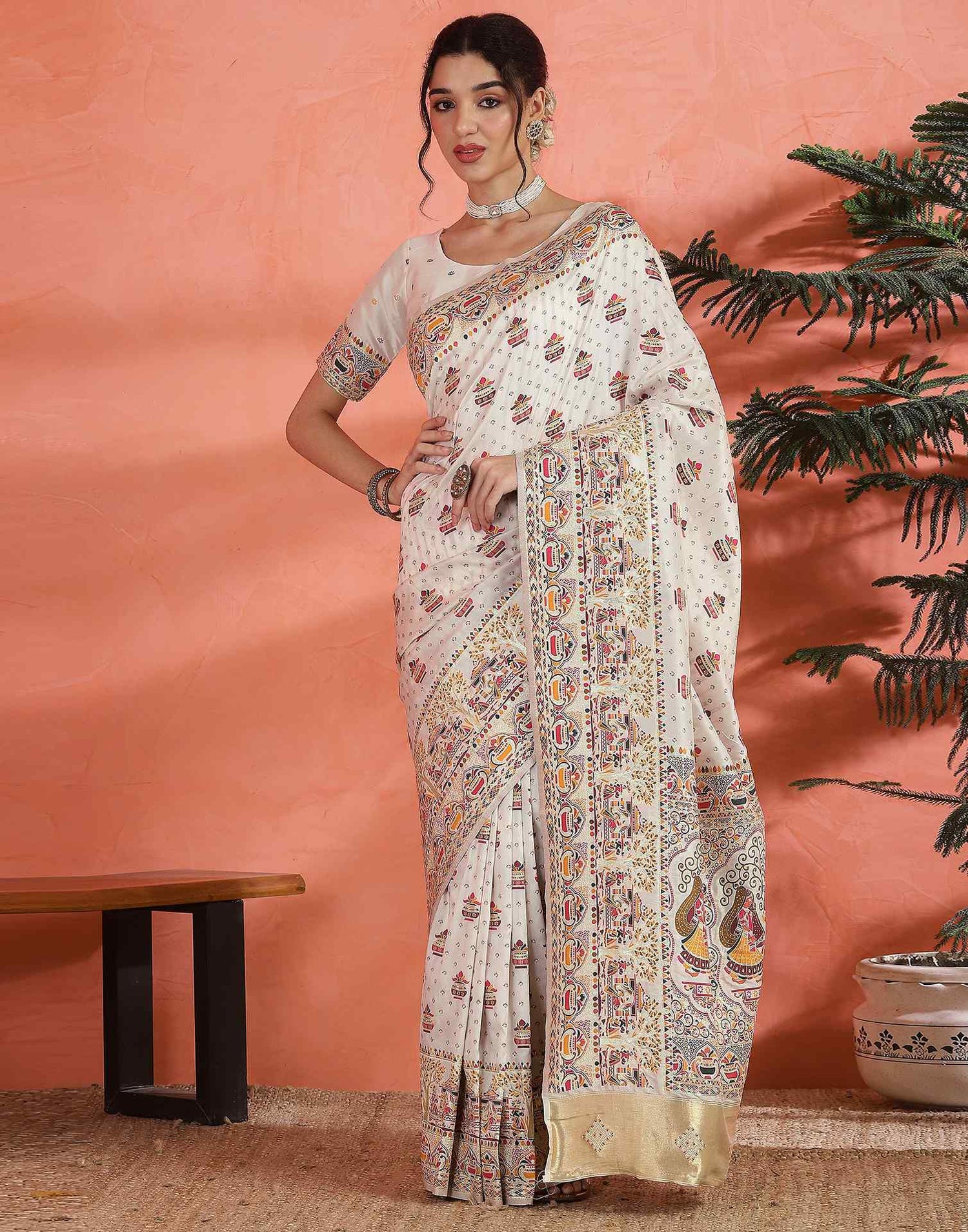 Off White Silk Woven Saree