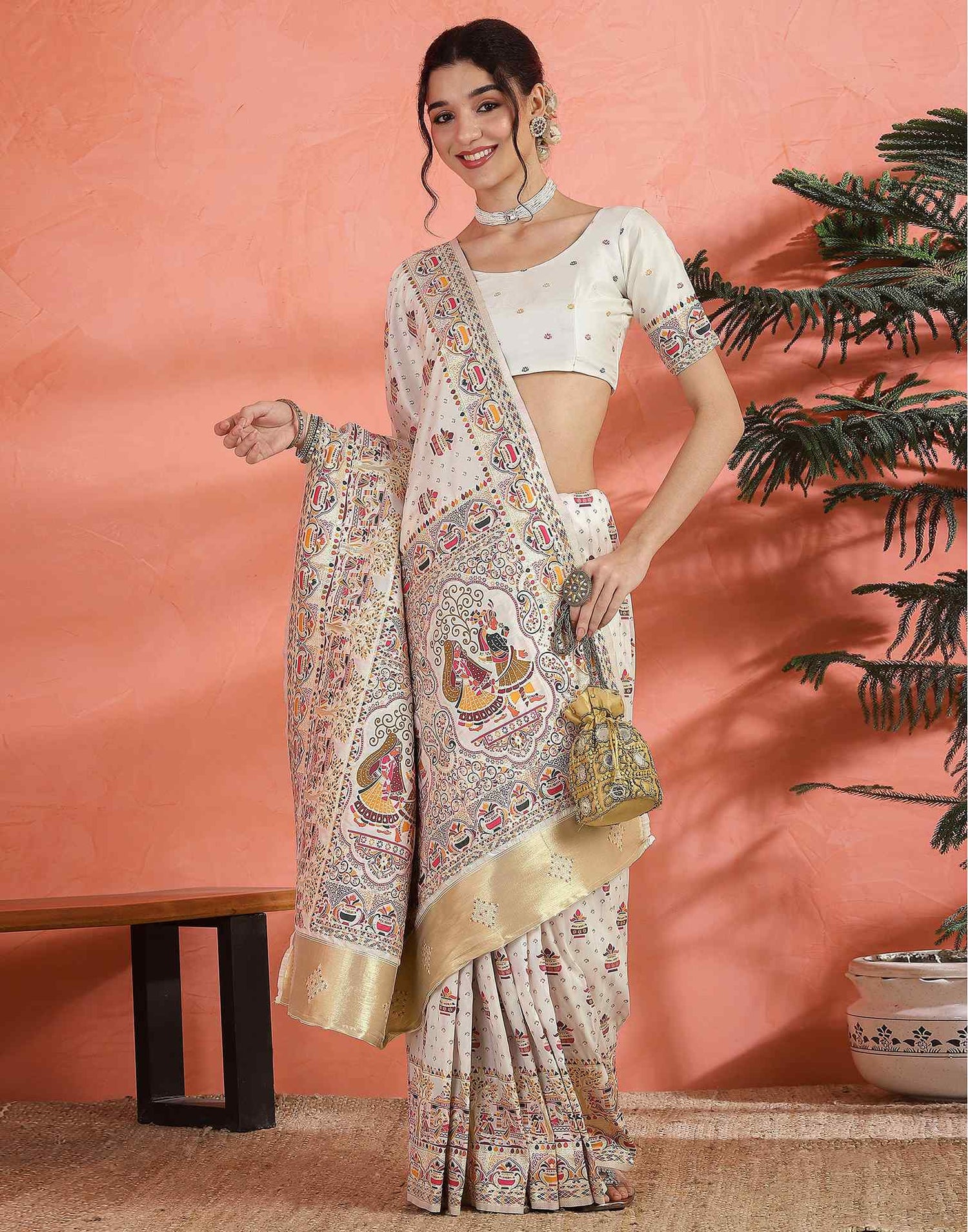 Off White Silk Woven Saree