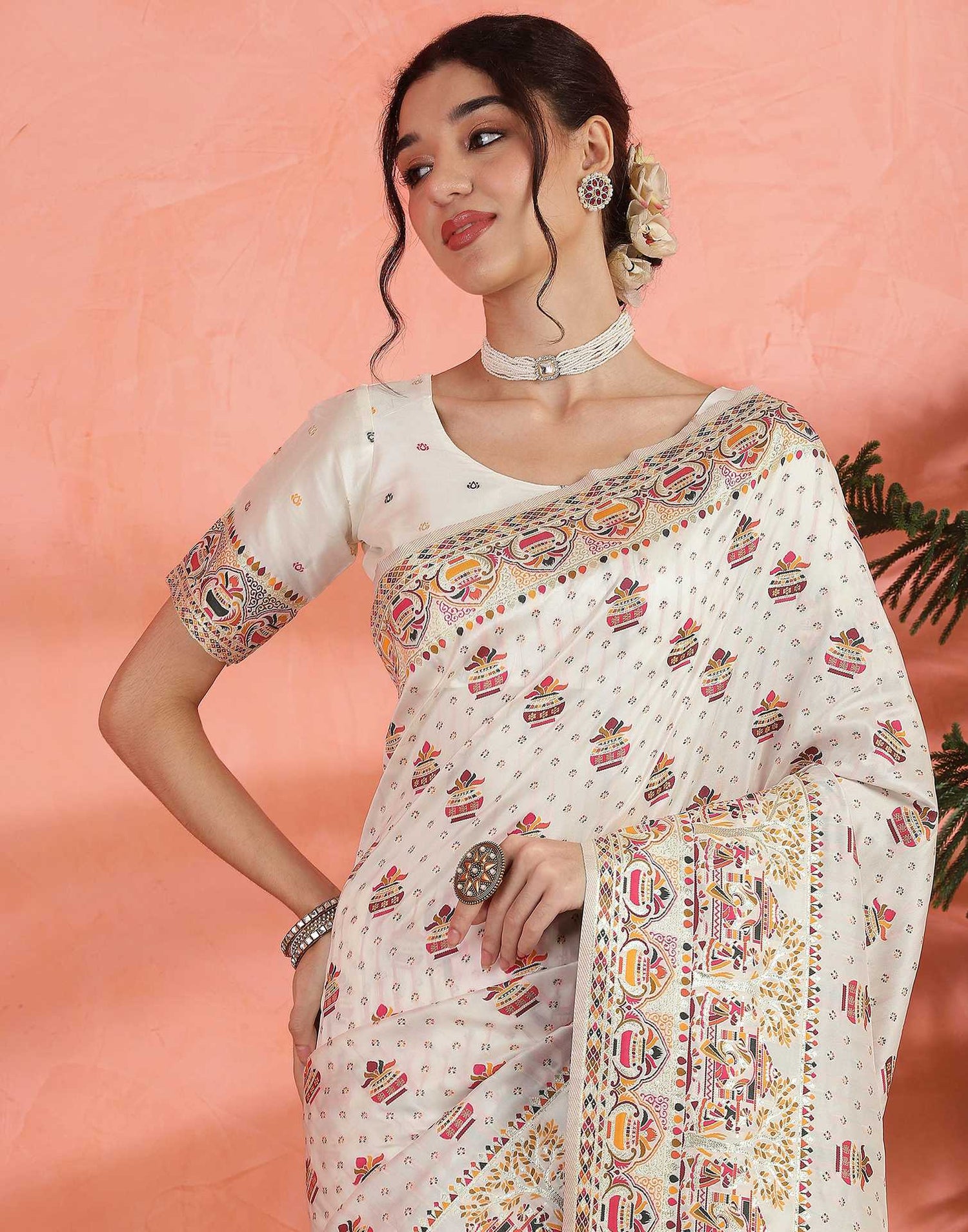 Off White Silk Woven Saree