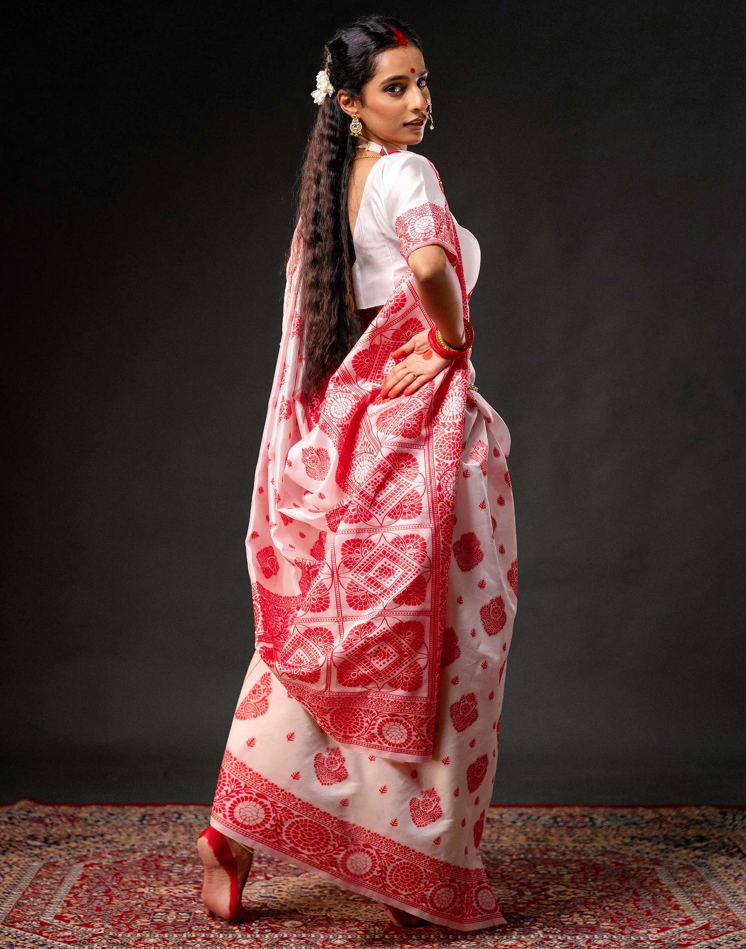 White Silk Woven Durga Puja Saree