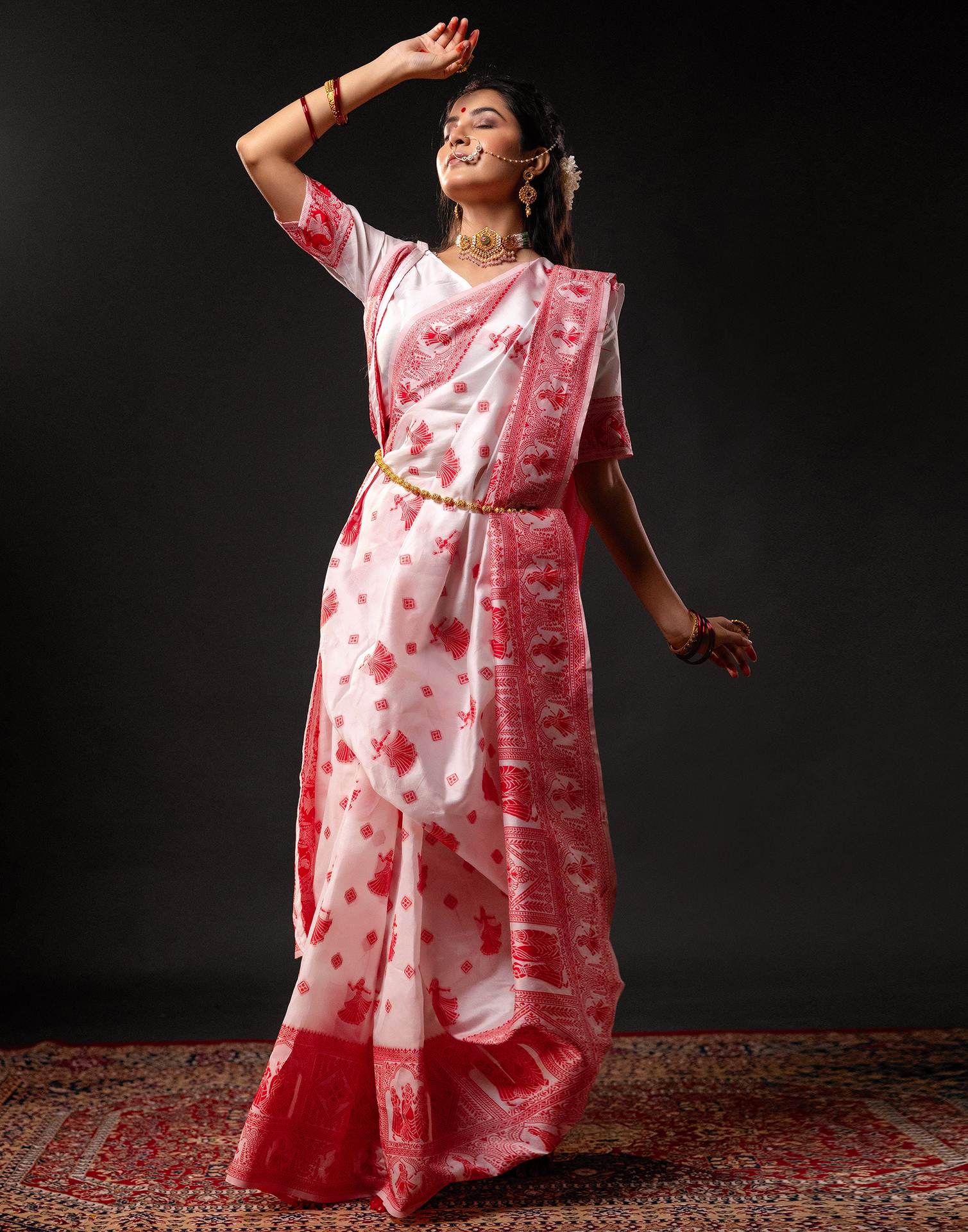 White Silk Woven Durga Puja Saree