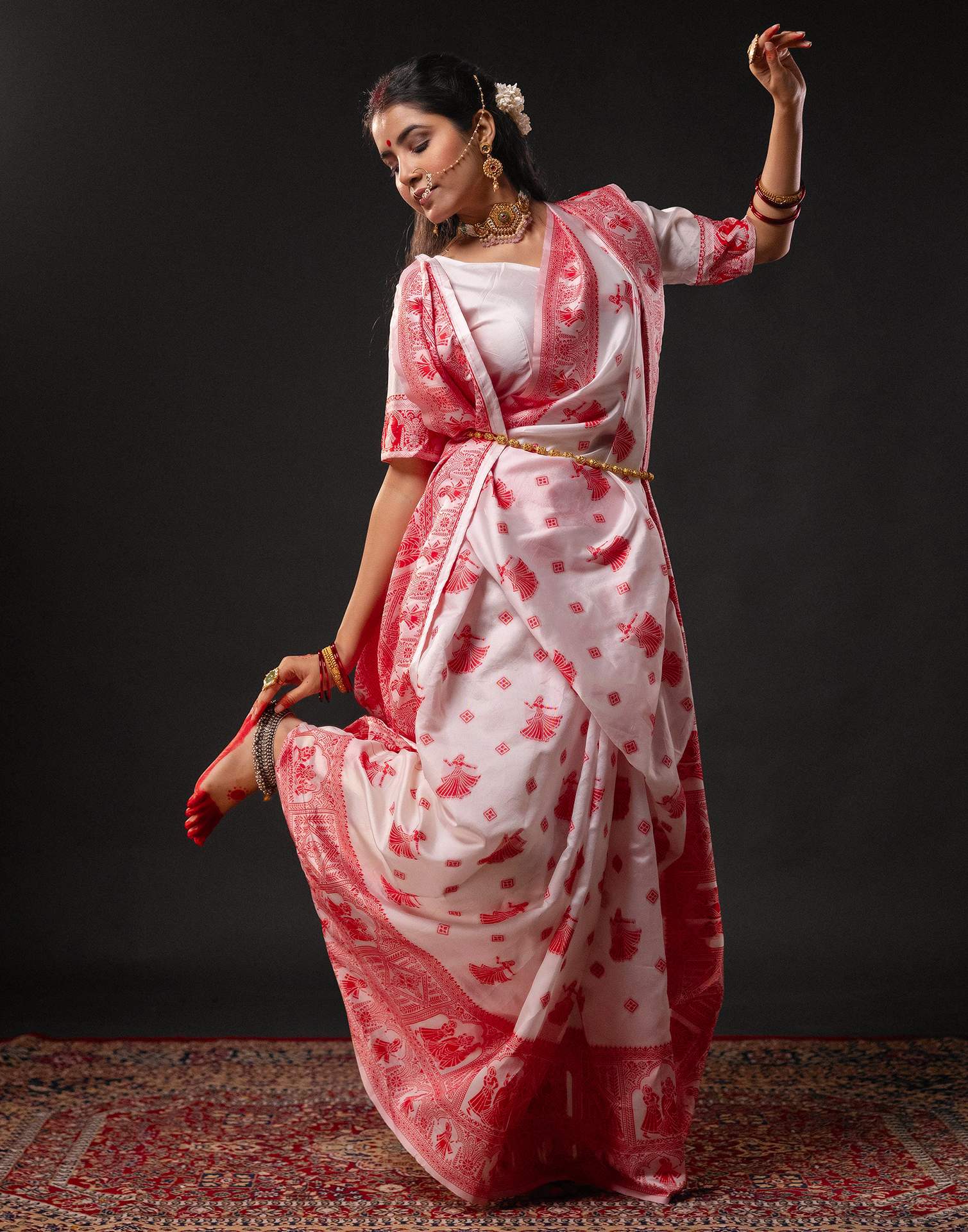 White Silk Woven Durga Puja Saree