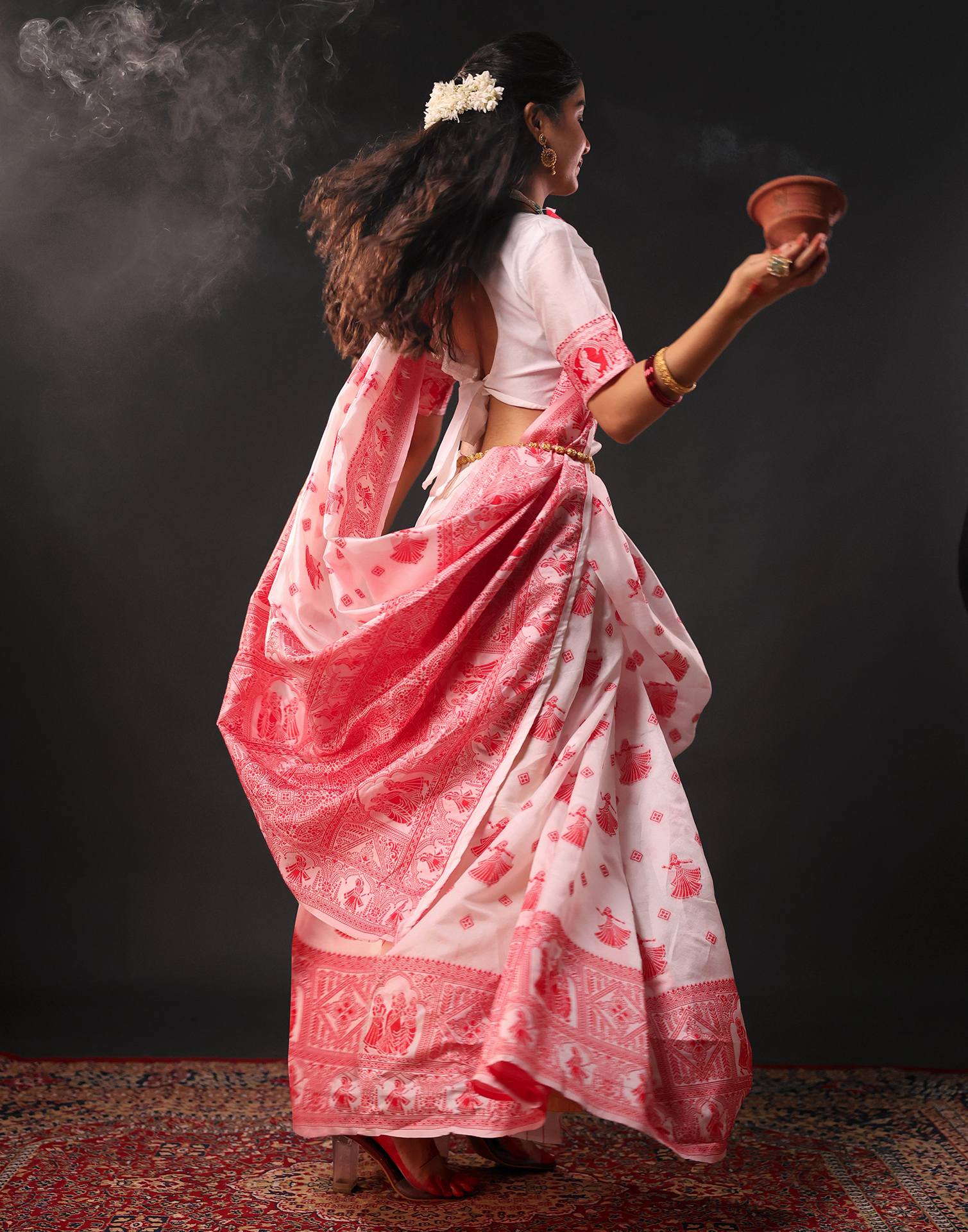 White Silk Woven Durga Puja Saree