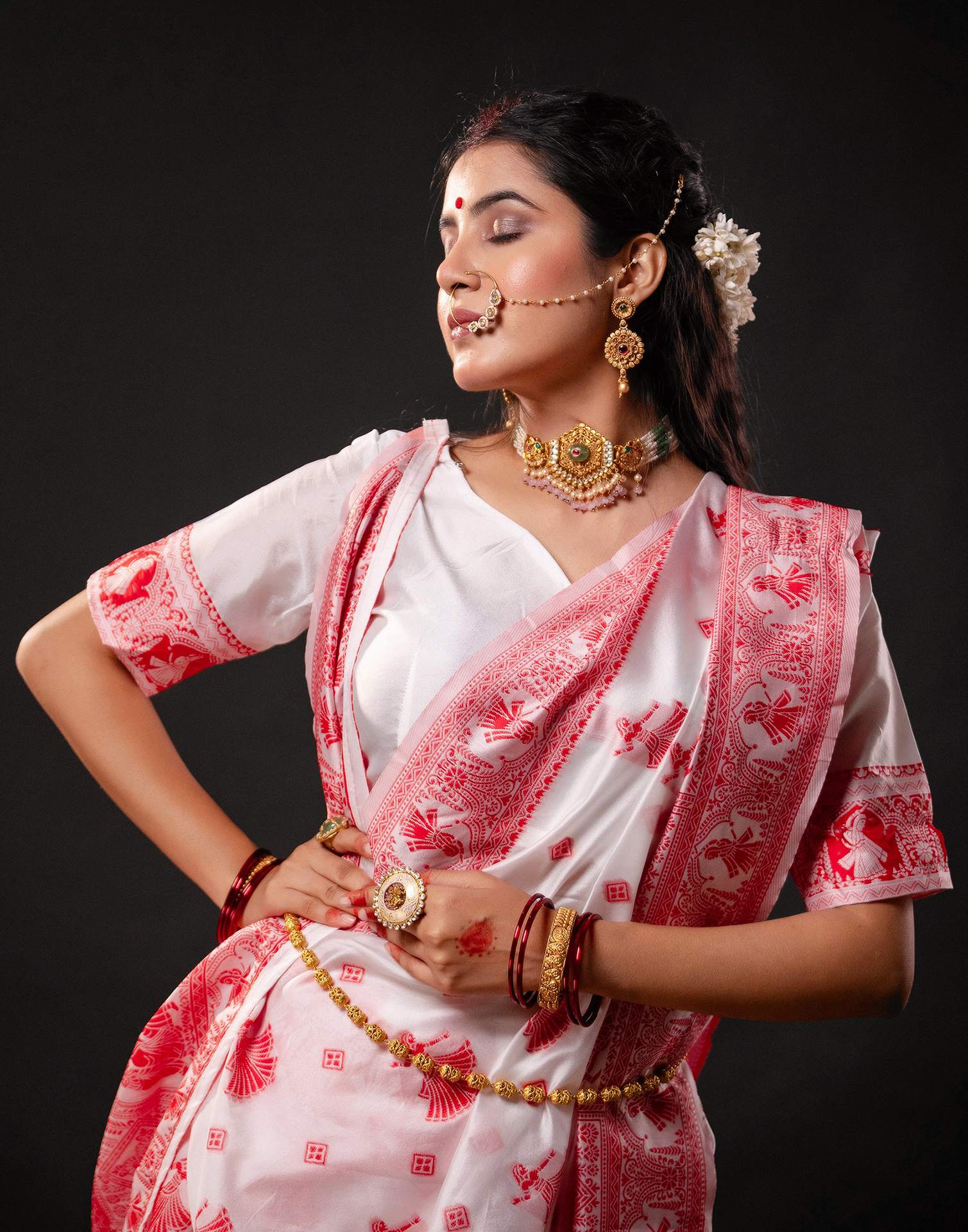 White Silk Woven Durga Puja Saree