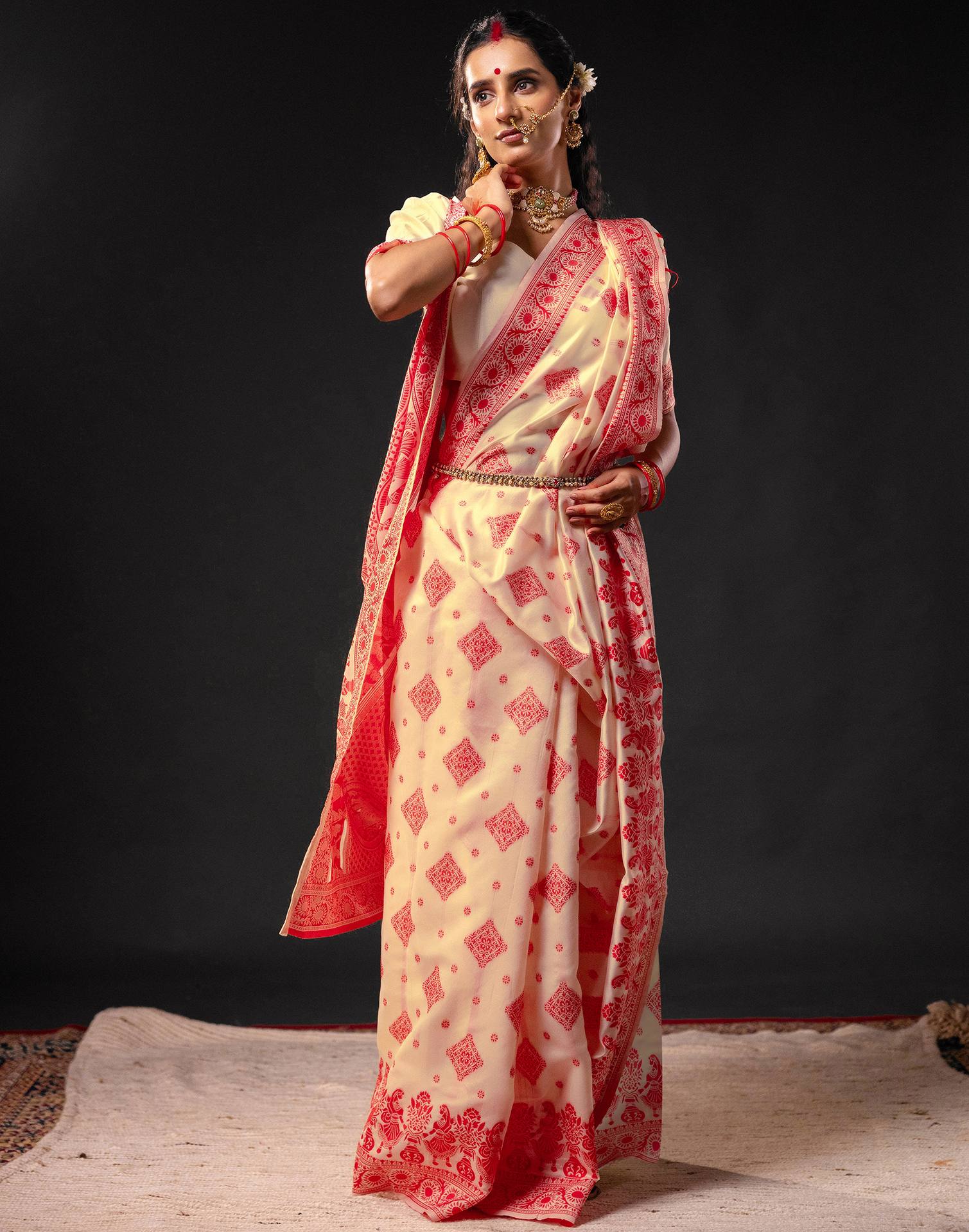 Cream Silk Woven Durga Puja Saree